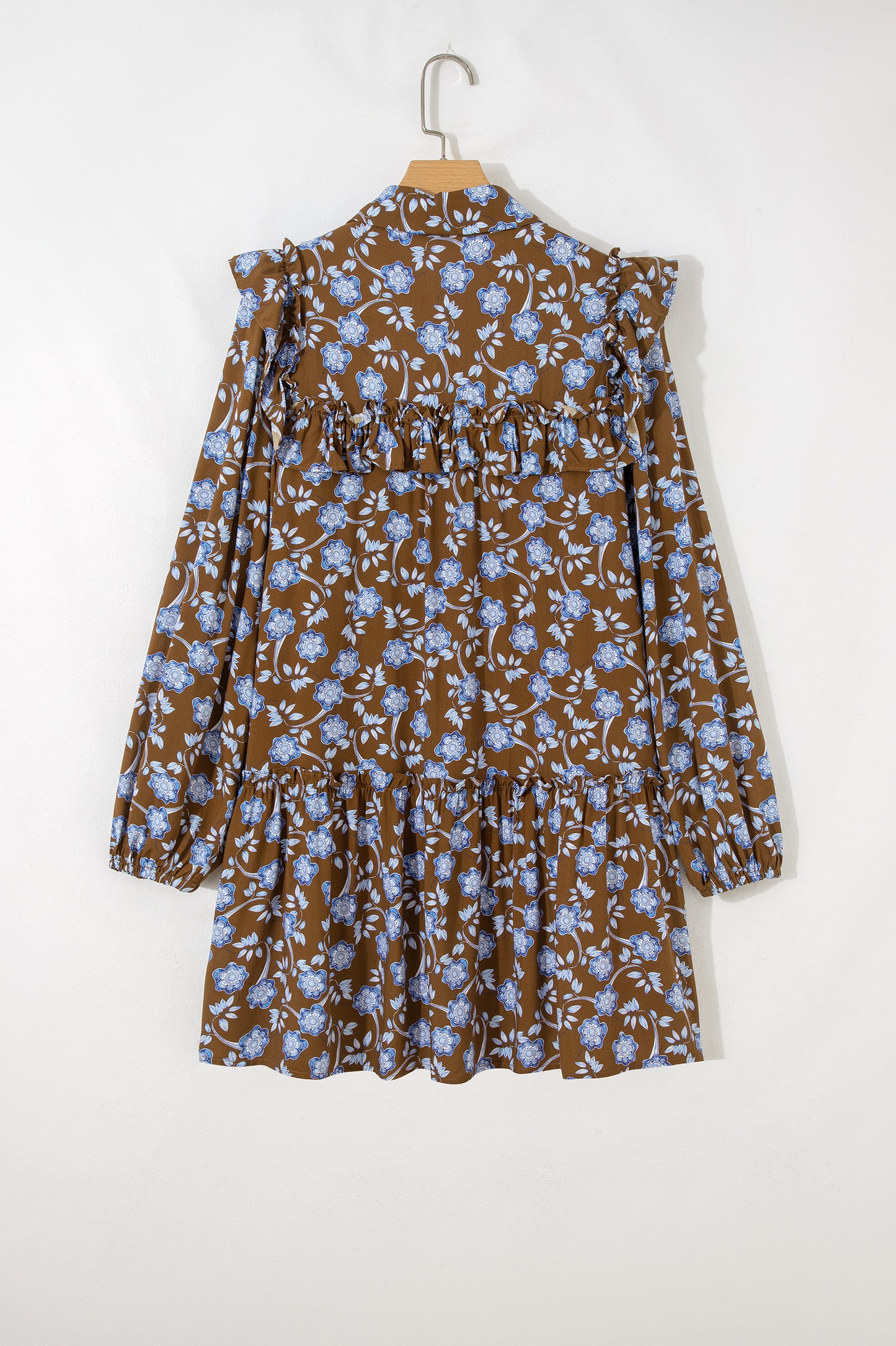 Brown Floral Print Ruffled Detail Shirt Collar Button Down Long Sleeve Dress