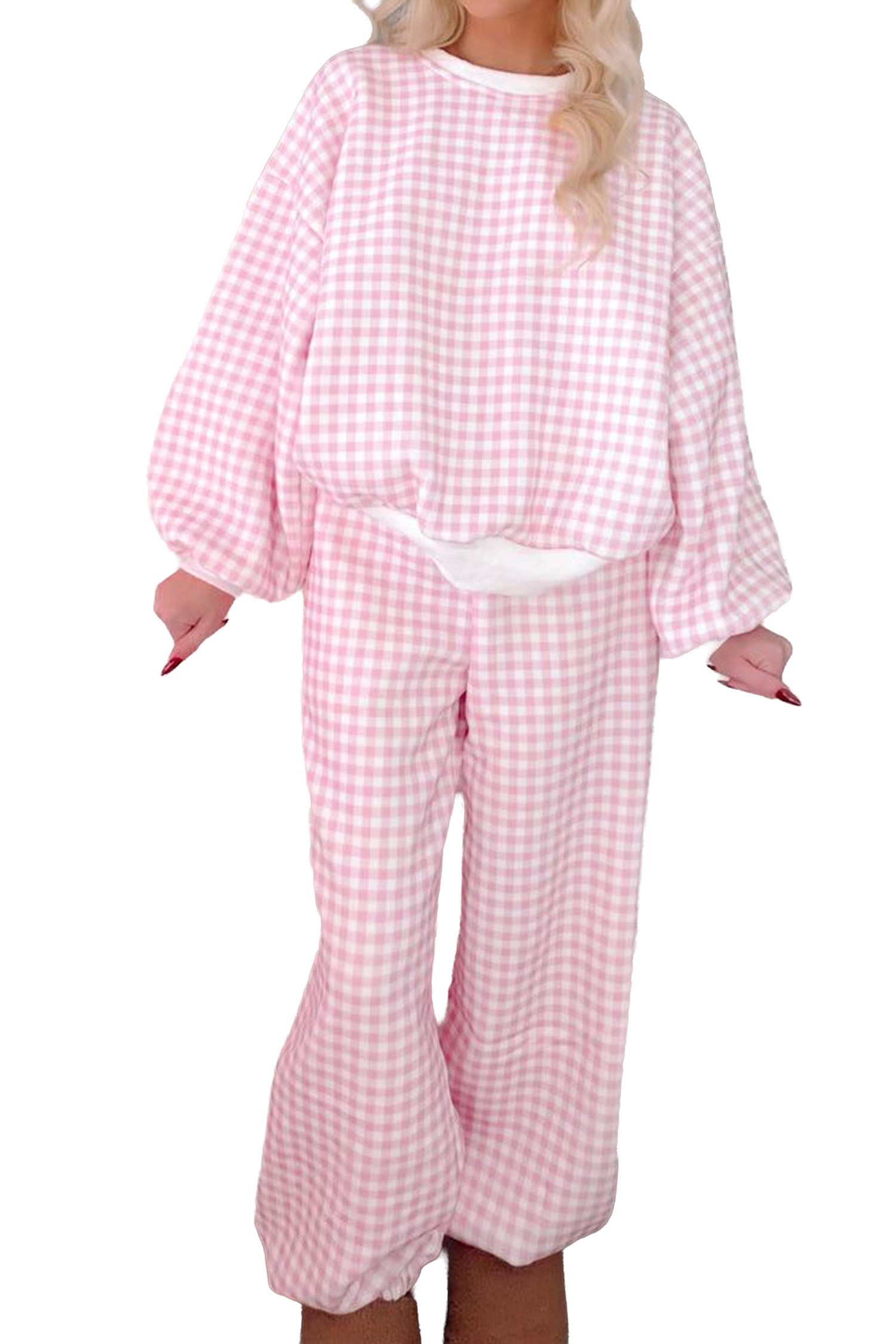 Pink Plaid Long Sleeve Two Piece Pant Set-Two Piece Sets/Pant Sets-[Adult]-[Female]-2022 Online Blue Zone Planet