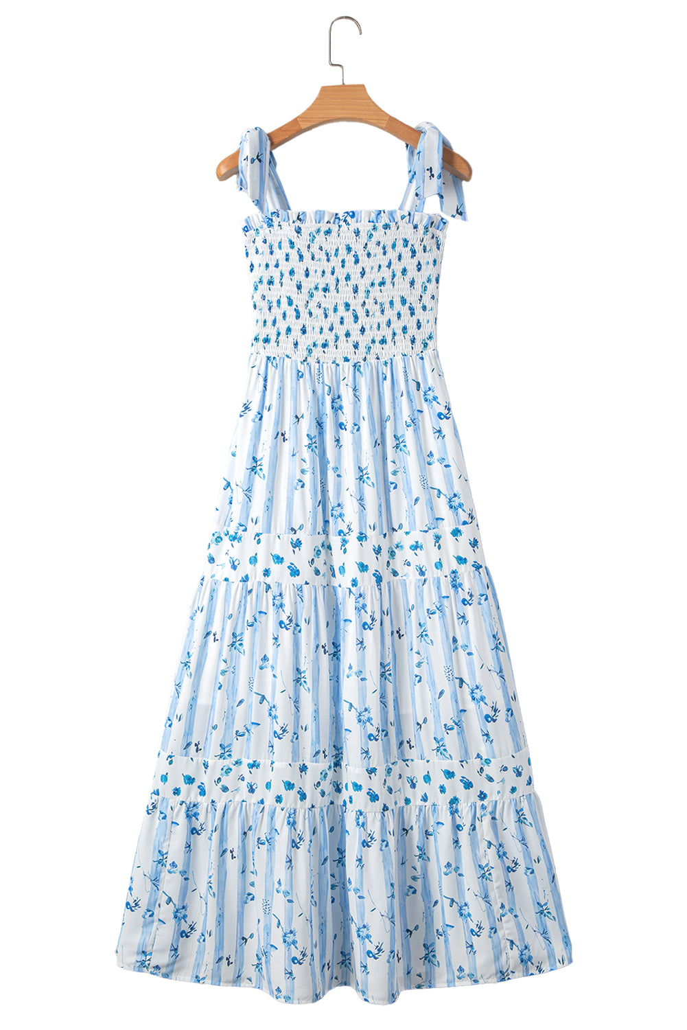 Sky Blue Floral Smocked Tied Straps A-Lined Tiered Maxi Dress-TOPS / DRESSES-[Adult]-[Female]-2022 Online Blue Zone Planet