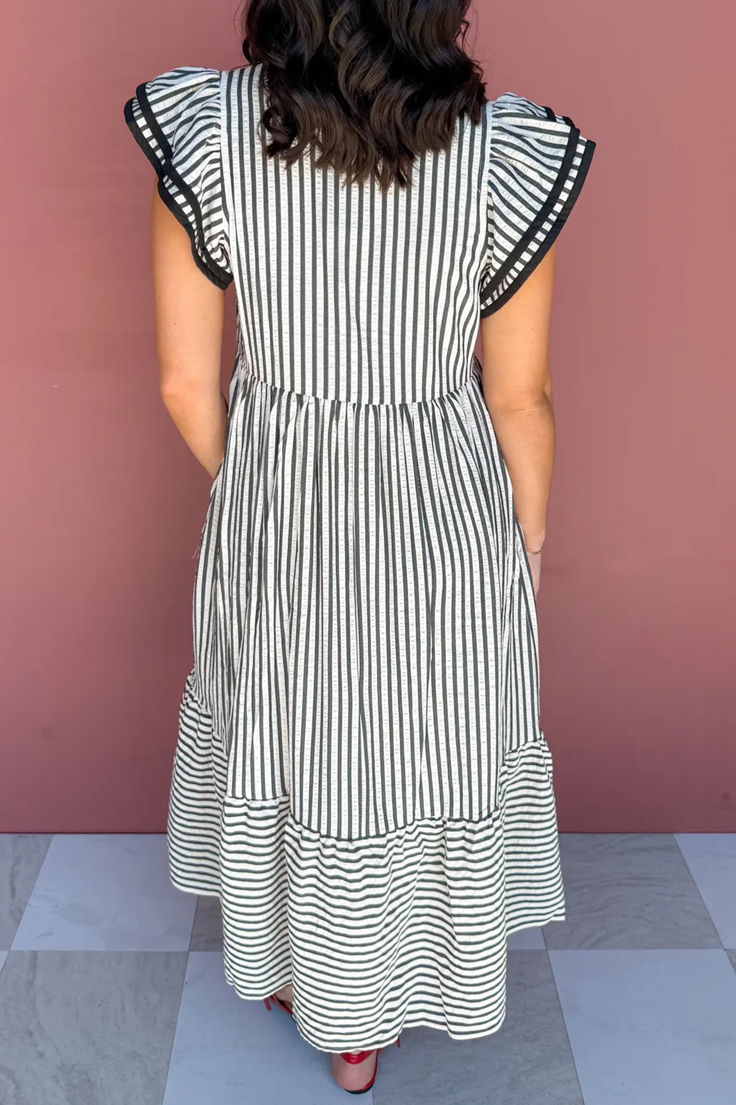 Black Stripe Plus Size Slit V Neck Tiered Flutter Sleeve Maxi Dress-Plus Size/Plus Size Dresses/Plus Size Maxi Dresses-[Adult]-[Female]-2022 Online Blue Zone Planet