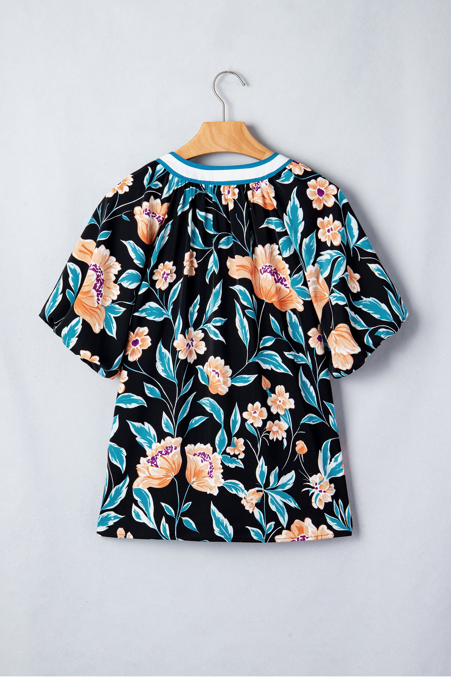 Black Floral Short Bubble Sleeve Buttoned Notched Neck Blouse-Tops/Blouses & Shirts-[Adult]-[Female]-2022 Online Blue Zone Planet
