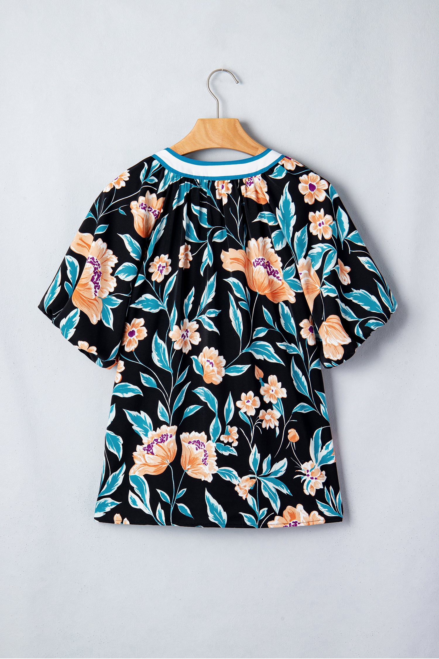 Black Floral Short Bubble Sleeve Buttoned Notched Neck Blouse-Tops/Blouses & Shirts-[Adult]-[Female]-2022 Online Blue Zone Planet