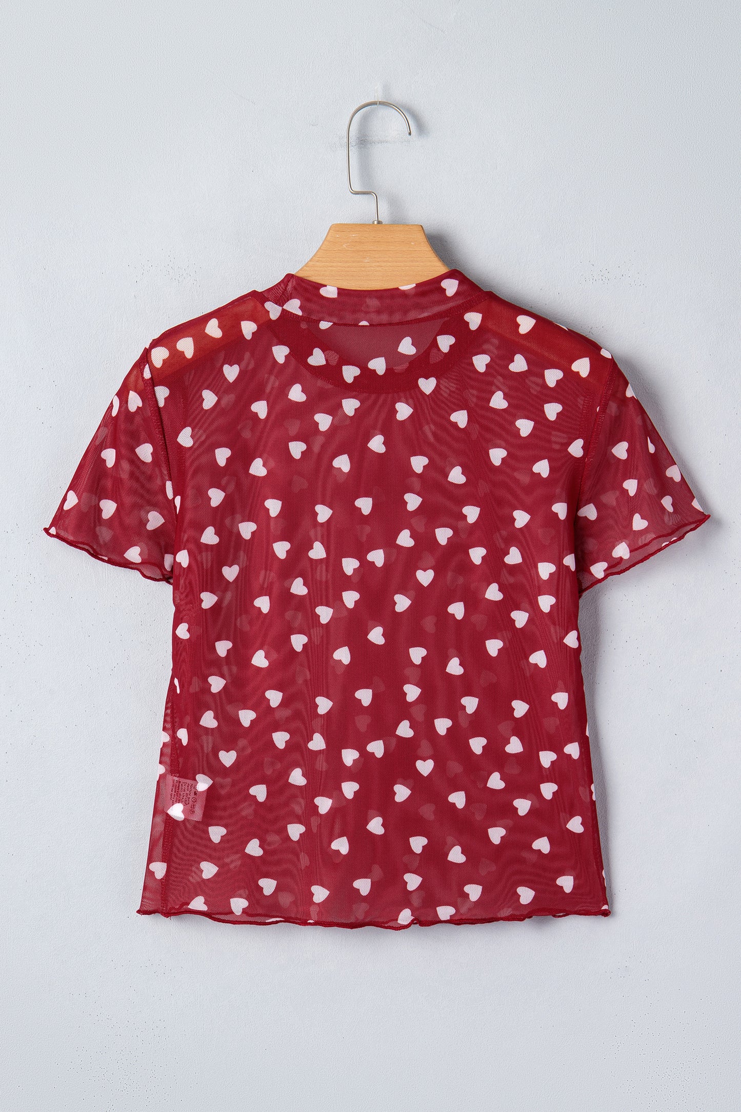 Racing Red Allover Heart Print Mesh Short Sleeve Top-Tops/Tops & Tees-[Adult]-[Female]-2022 Online Blue Zone Planet