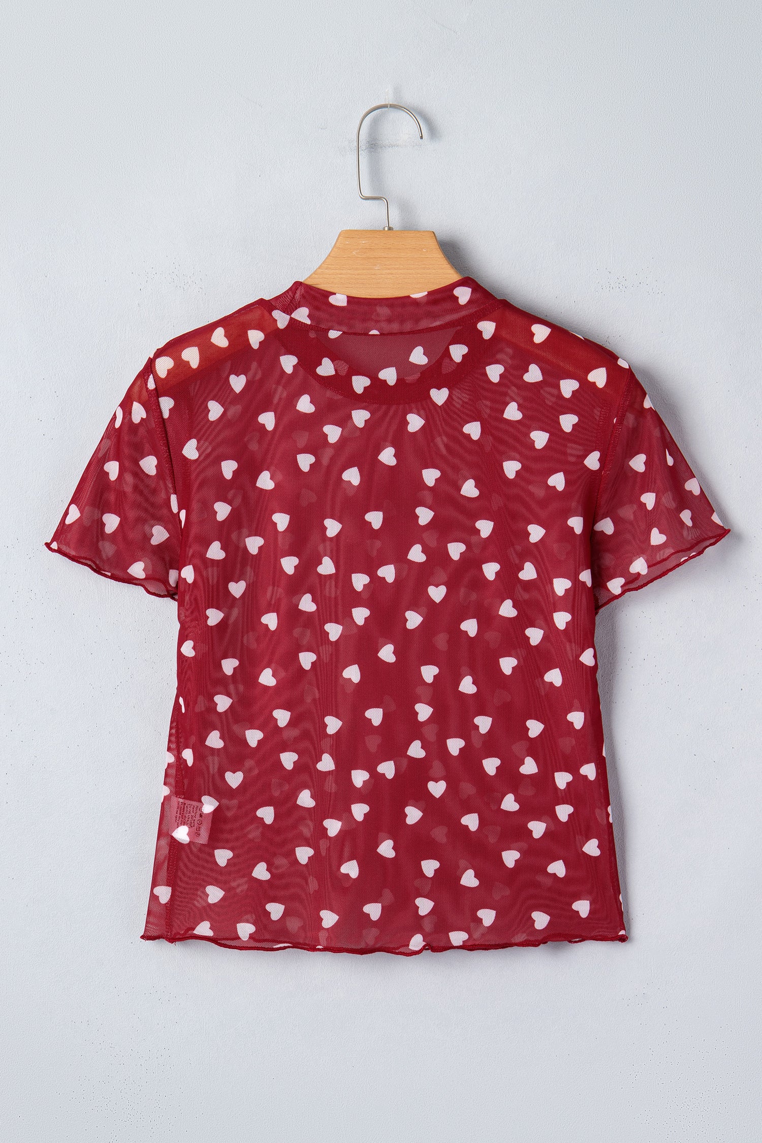 Racing Red Allover Heart Print Mesh Short Sleeve Top-Tops/Tops & Tees-[Adult]-[Female]-2022 Online Blue Zone Planet