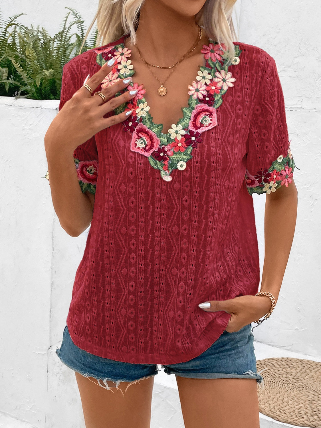 Blue Zone Planet | Ivy Lane Eyelet Embroidered V-Neck Short Sleeve Blouse-TOPS / DRESSES-[Adult]-[Female]-Burgundy-S-2022 Online Blue Zone Planet