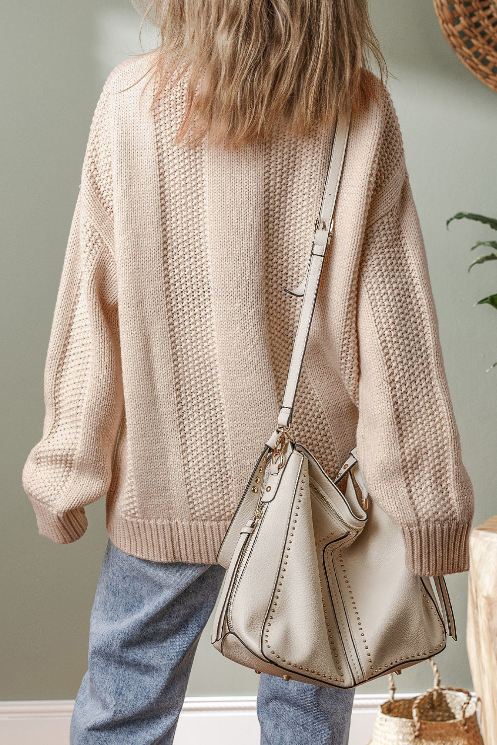 Pale Khaki Solid Color Cable Knit Ribbed Loose Sweater-Sweaters & Cardigans/Sweaters-[Adult]-[Female]-2022 Online Blue Zone Planet