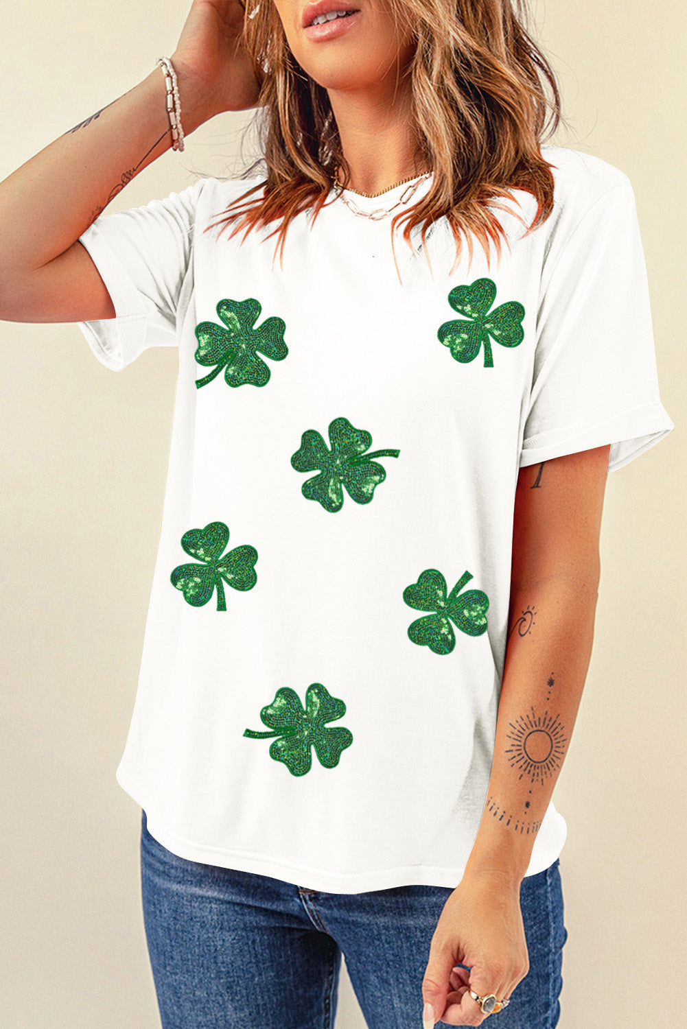 White Sequin Lucky Clover Graphic Crewneck Tee-Graphic/Graphic Tees-[Adult]-[Female]-2022 Online Blue Zone Planet