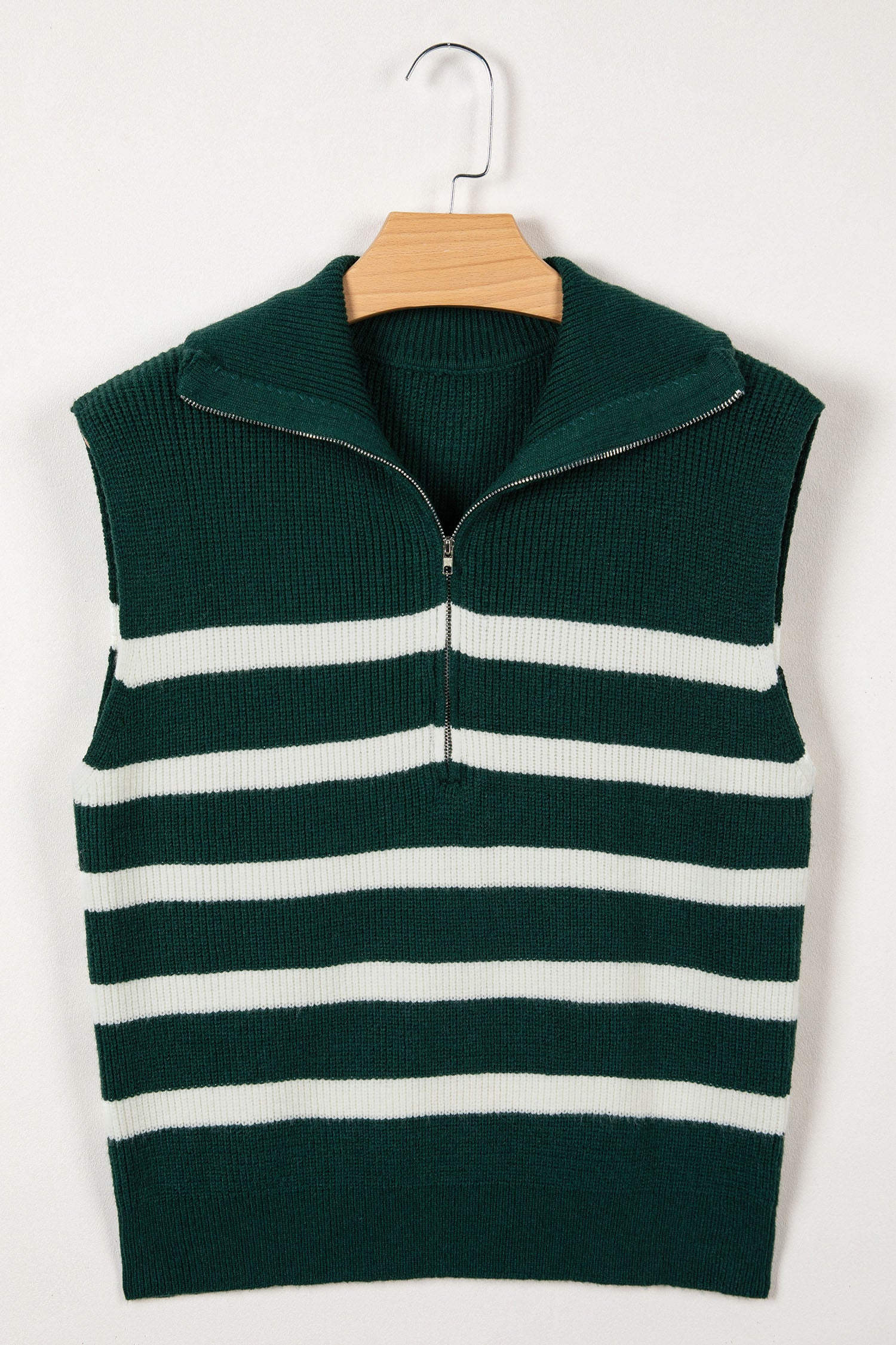 Blackish Green Ribbed Half Zip Collared Sweater Vest-Sweaters & Cardigans/Sweater Vests-[Adult]-[Female]-2022 Online Blue Zone Planet
