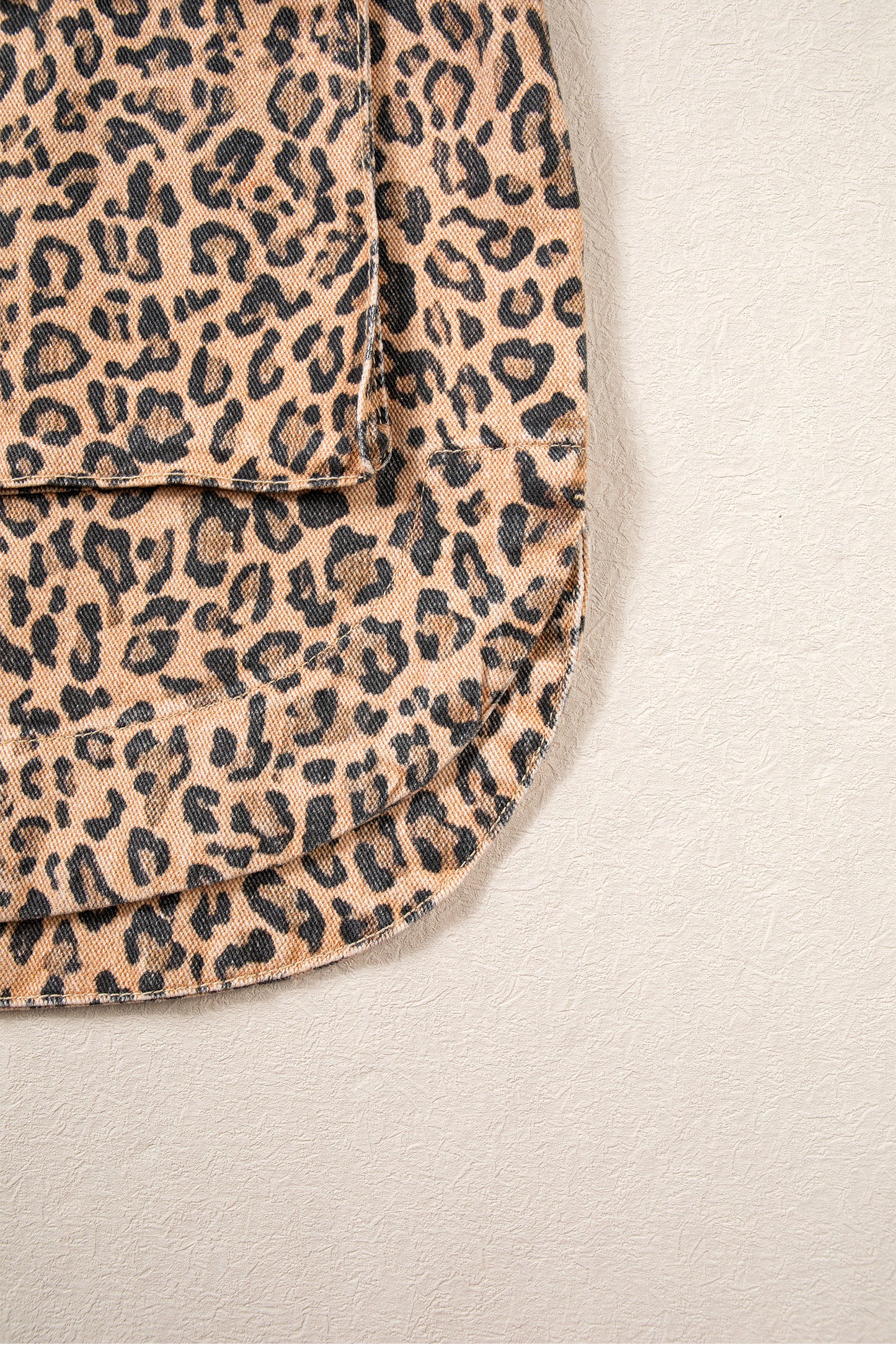 Khaki Leopard Print Collar Long Sleeve Patch Pocket Shift Denim Jacket-Outerwear/Denim jackets-[Adult]-[Female]-2022 Online Blue Zone Planet