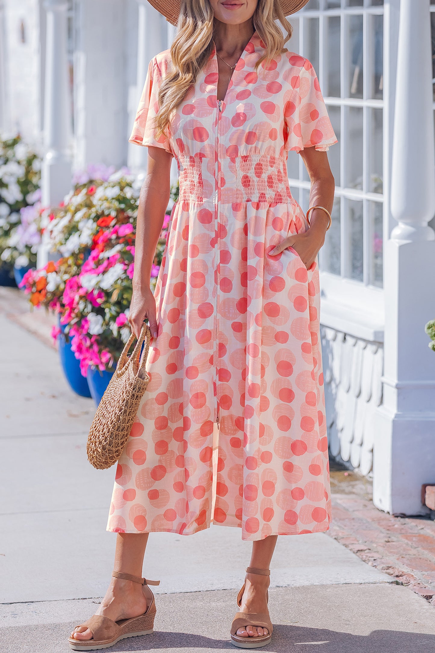 Pink Polka Dot Printed Ruffle Short Sleeve Zip Up Long Dress-TOPS / DRESSES-[Adult]-[Female]-2022 Online Blue Zone Planet