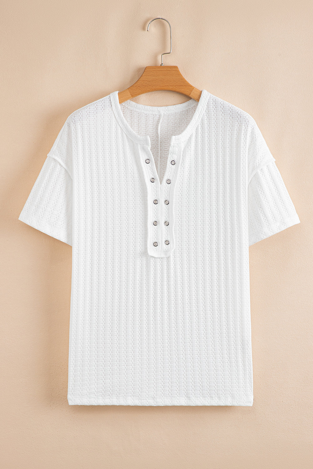 White Textured Hollow Grommet Placket Split Neck Short Sleeve Top-Tops/Tops & Tees-[Adult]-[Female]-2022 Online Blue Zone Planet