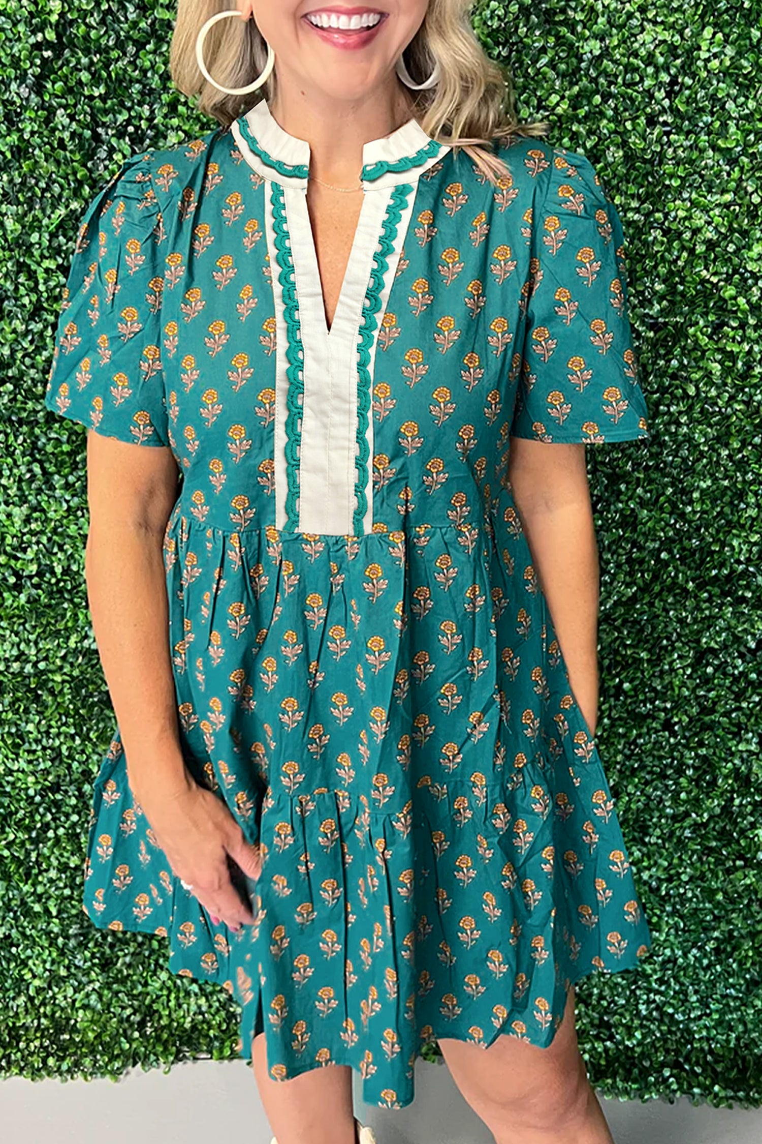 Green Contrast Trim V Neck Short Sleeve Floral Dress-TOPS / DRESSES-[Adult]-[Female]-Green-S-2022 Online Blue Zone Planet