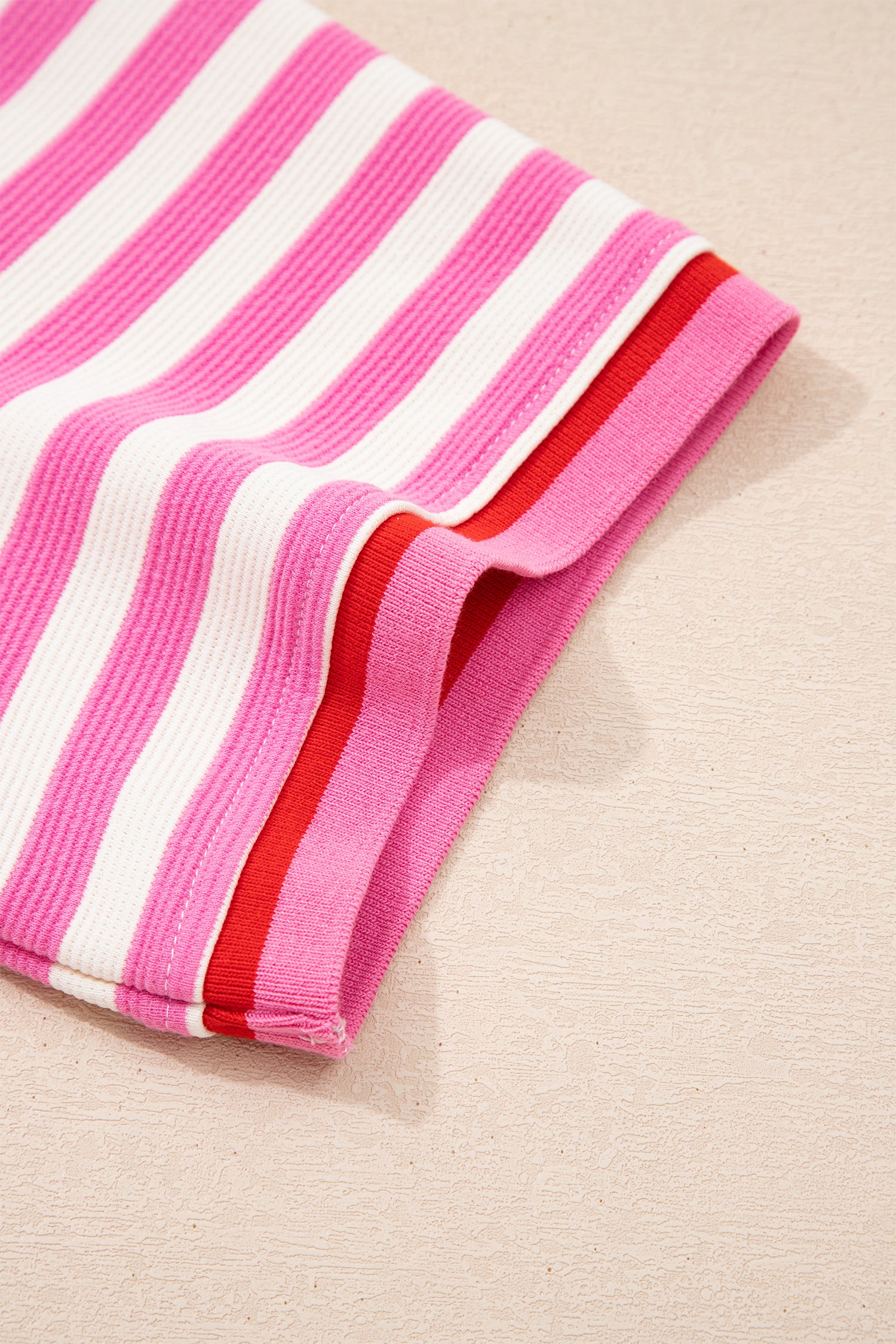 Pink Stripe Contrast Trim Short Sleeve Top Loose Shorts 2pcs Casual Outfit-Two Piece Sets/Short Sets-[Adult]-[Female]-2022 Online Blue Zone Planet