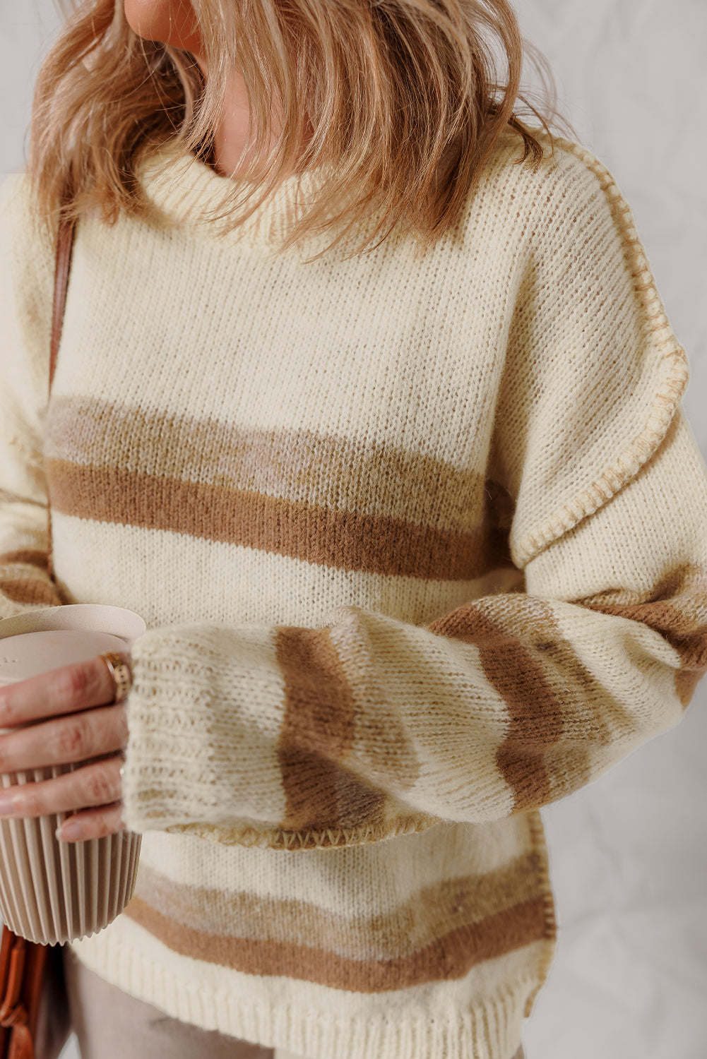 Khaki Stripe Exposed Seam Drop Shoulder Knit Baggy Sweater-TOPS / DRESSES-[Adult]-[Female]-2022 Online Blue Zone Planet