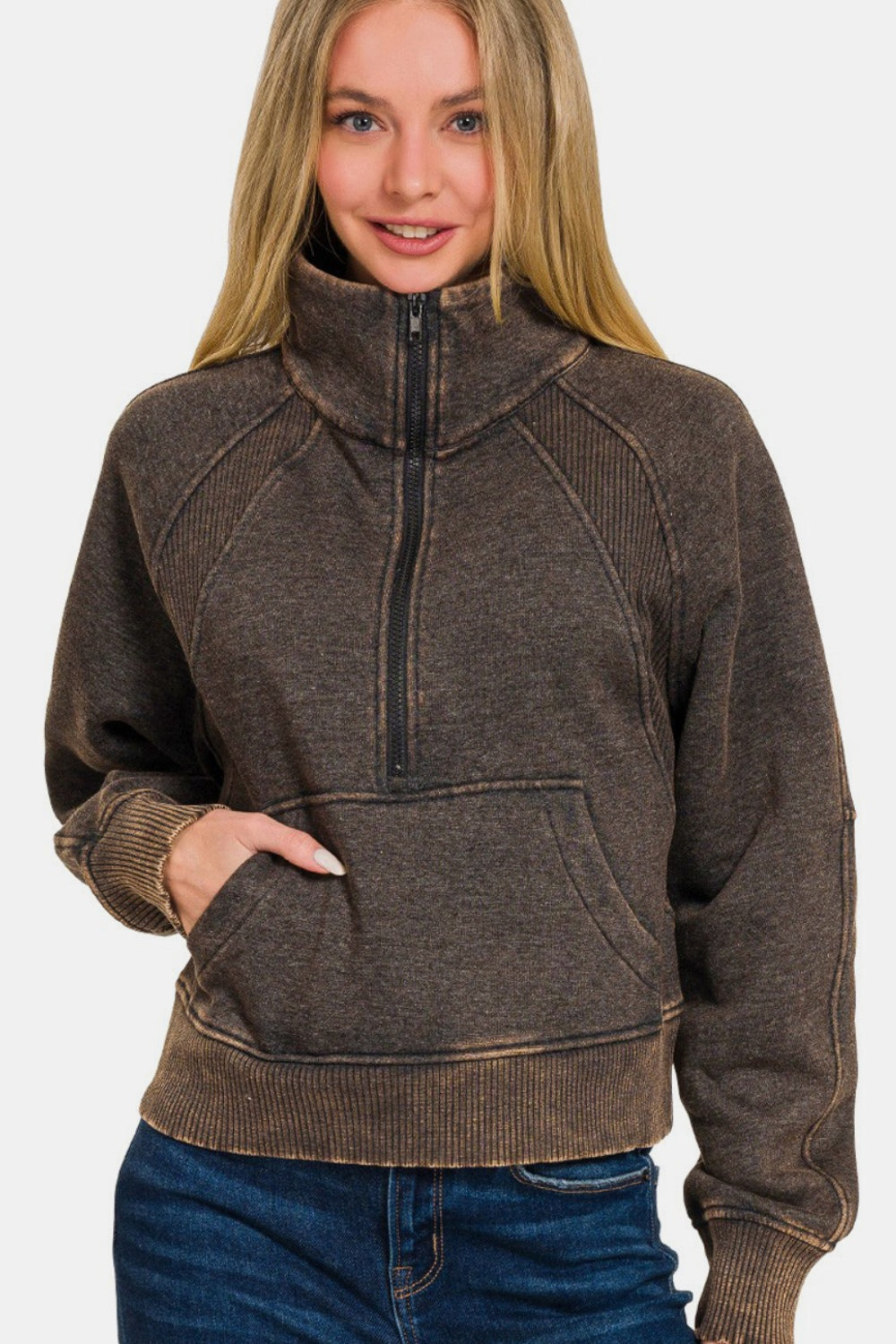 Zenana Acid Washed Half Zip Fleece Sweatshirt-TOPS / DRESSES-[Adult]-[Female]-Ash Black-S-2022 Online Blue Zone Planet