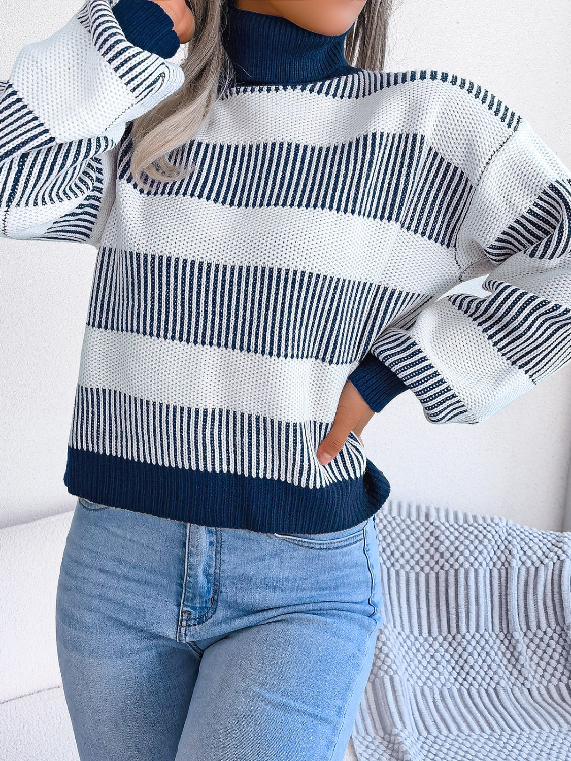 Striped Turtleneck Long Sleeve Sweater-TOPS / DRESSES-[Adult]-[Female]-2022 Online Blue Zone Planet