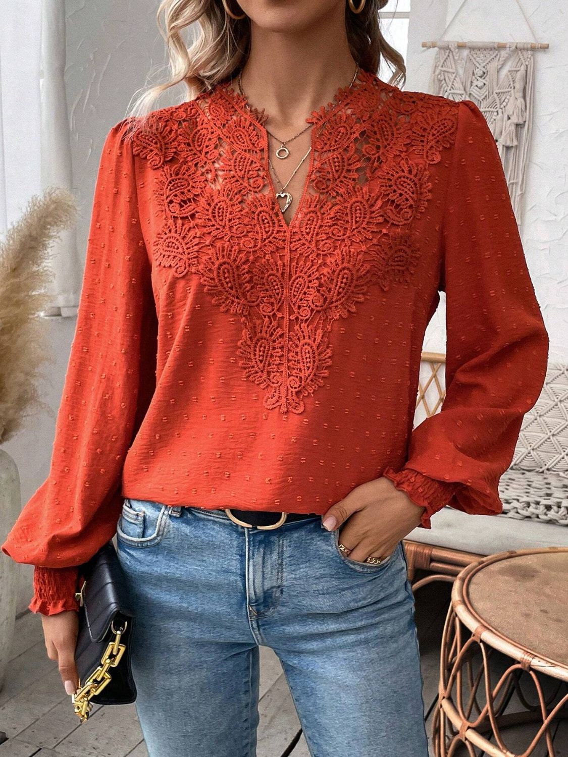 Swiss Dot Lace Detail Notched Long Sleeve Blouse-TOPS / DRESSES-[Adult]-[Female]-Orange-Red-S-2022 Online Blue Zone Planet