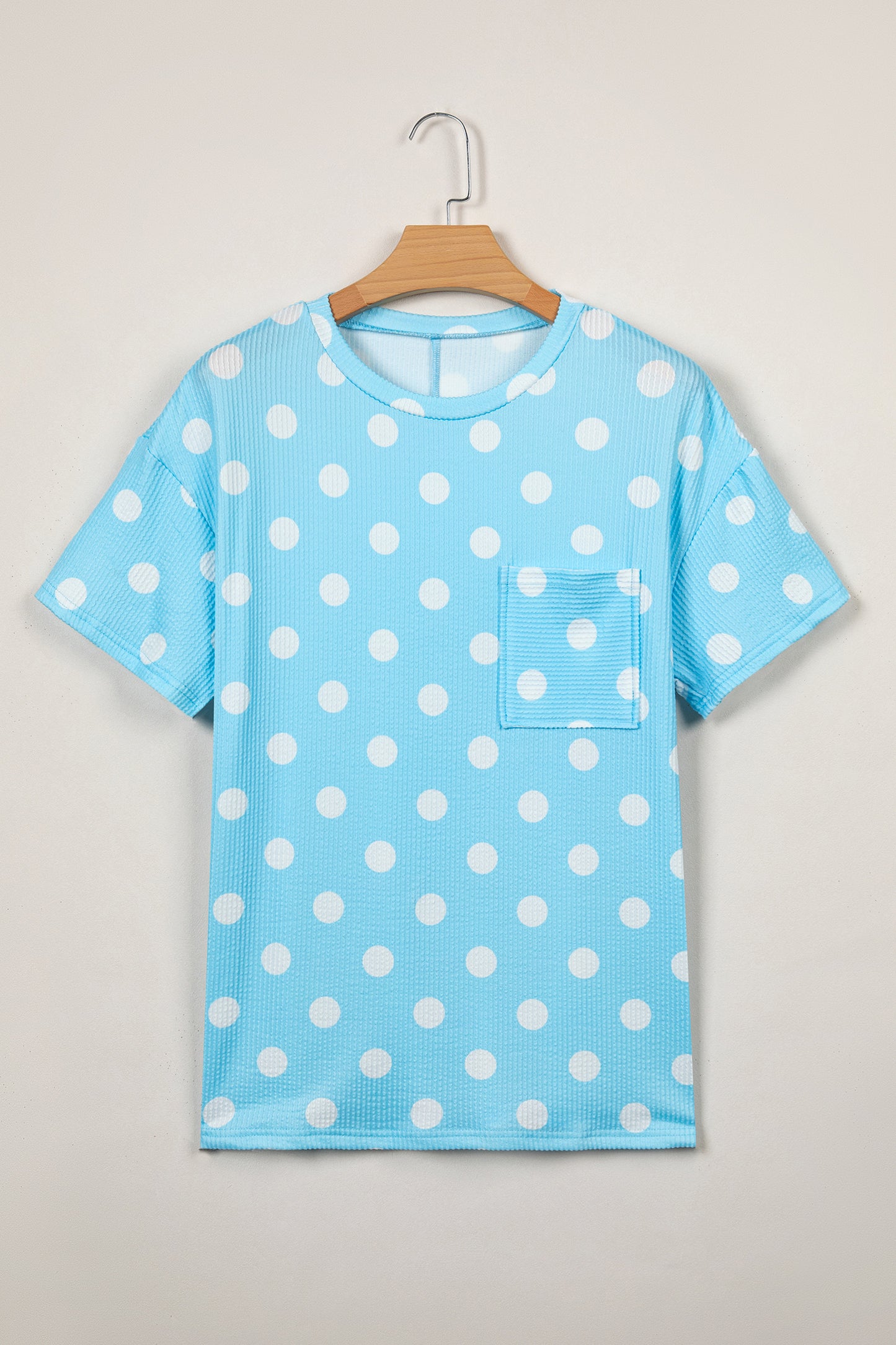 Pink Polka Dot Round Neck Drop Shoulder Patch Pocket Jacquard Texture Top-Tops/Tops & Tees-[Adult]-[Female]-2022 Online Blue Zone Planet