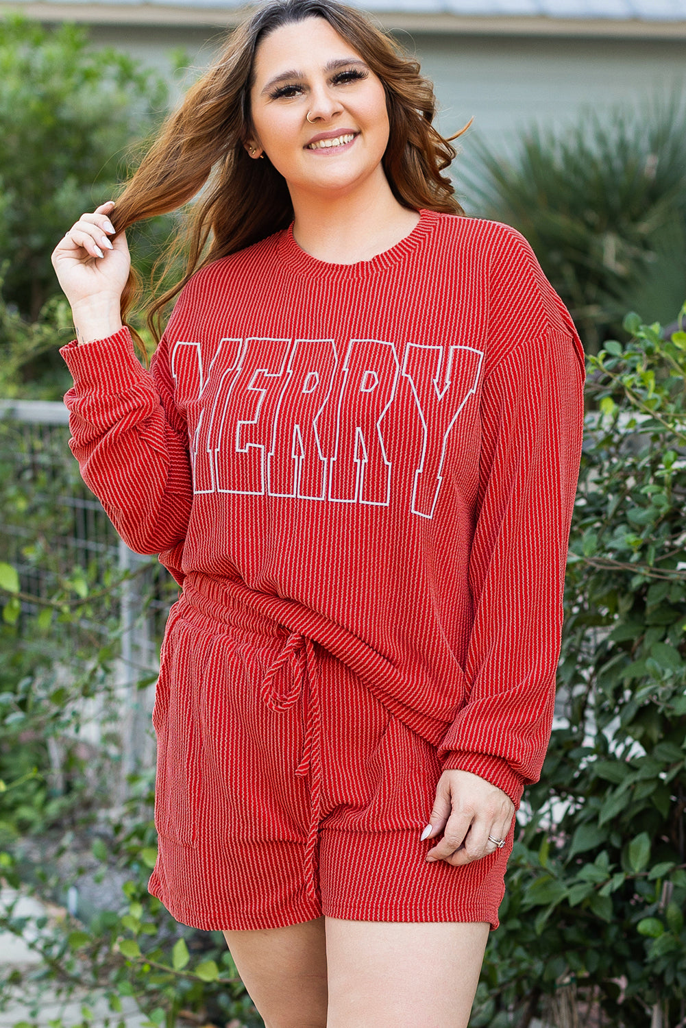 Racing Red MERRY Ribbed Knit Long Sleeve Lace-up Waist Plus Size Set-Plus Size/Plus Size Loungewear-[Adult]-[Female]-Racing Red-1X-2022 Online Blue Zone Planet