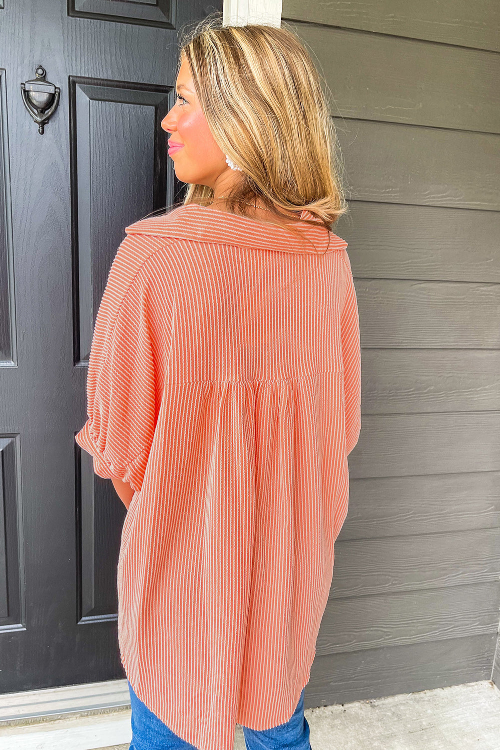 Grapefruit Orange Corded Half Sleeve Button Up High Low Hem Loose Shirt-Tops/Blouses & Shirts-[Adult]-[Female]-2022 Online Blue Zone Planet