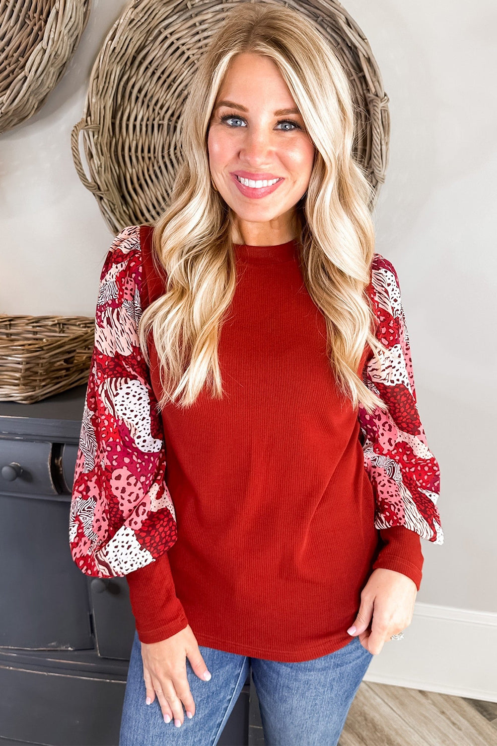Fiery Red Contrast Mixed Animal Print Lantern Sleeve Patchwork Top-Tops/Long Sleeve Tops-[Adult]-[Female]-2022 Online Blue Zone Planet