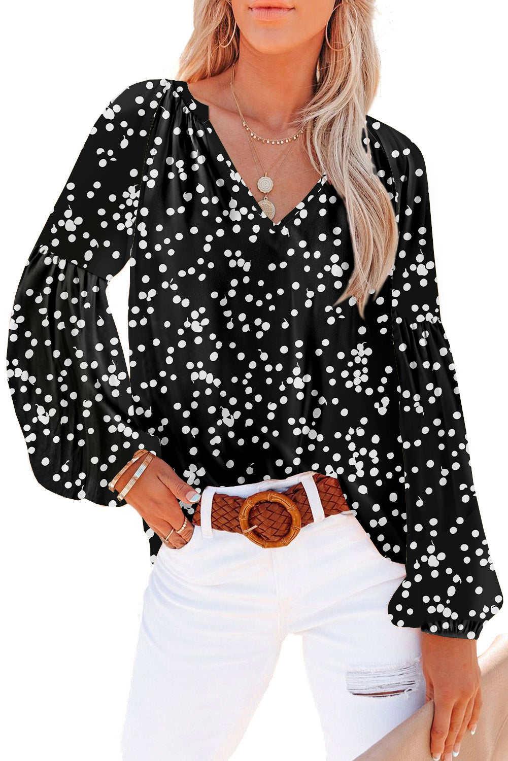 Black Floral Print V Neck Long Puff Sleeve Top-Tops/Blouses & Shirts-[Adult]-[Female]-2022 Online Blue Zone Planet