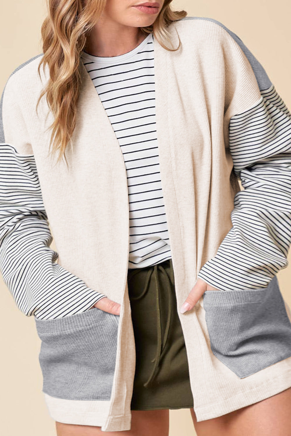 Blue Zone Planet | Black Stripe Colorblock Patchwork Open Front Cardigan with Pocket-Sweaters & Cardigans/Cardigans-[Adult]-[Female]-2022 Online Blue Zone Planet