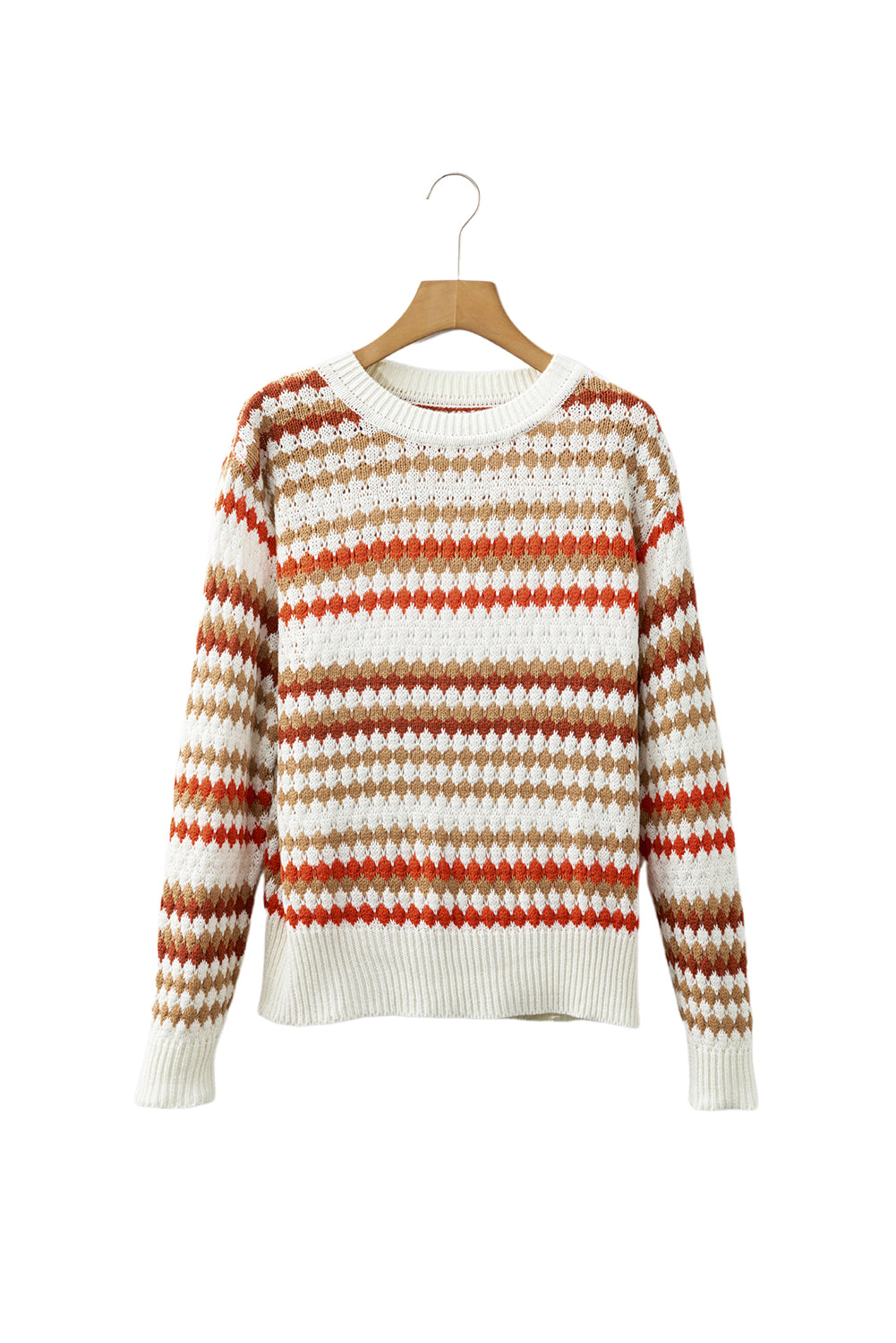 Brown Stripe Eyelet Patterned Drop Shoulder Sweater-Sweaters & Cardigans/Sweaters-[Adult]-[Female]-2022 Online Blue Zone Planet