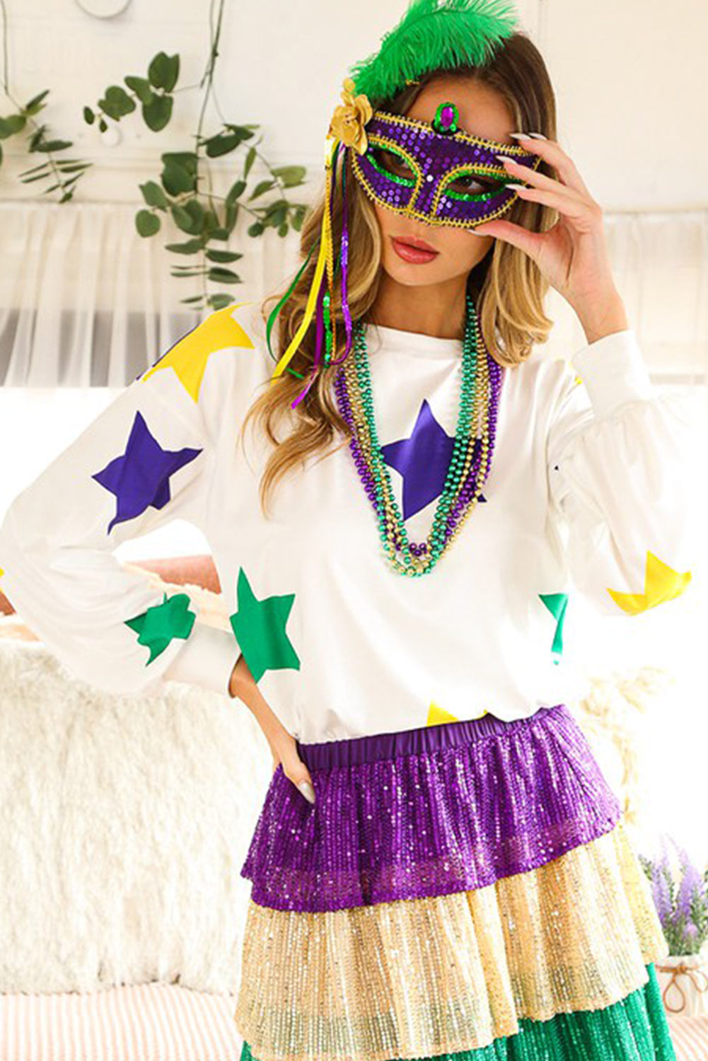 White Mardi Gras Star Printed Long Sleeve Top-Tops/Long Sleeve Tops-[Adult]-[Female]-2022 Online Blue Zone Planet