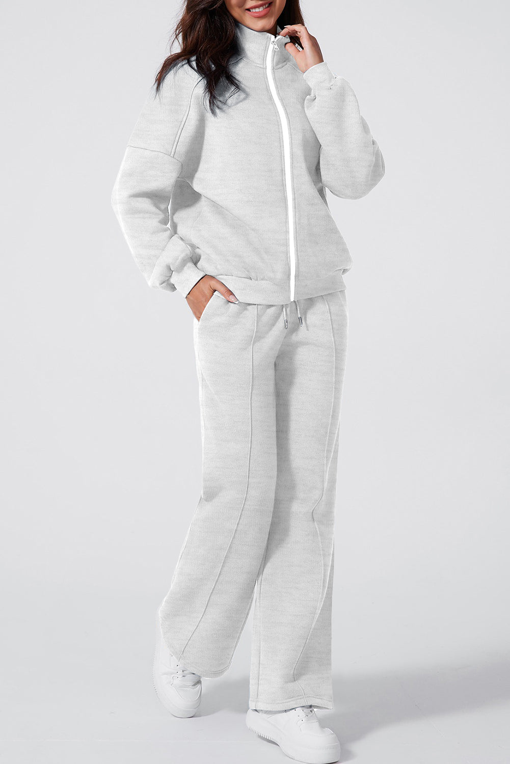 Light Grey Drop Shoulder Zip Up Jacket Drawstring Pants Active 2pcs Set-Activewear/Activewear Sets-[Adult]-[Female]-Light Grey-S-2022 Online Blue Zone Planet
