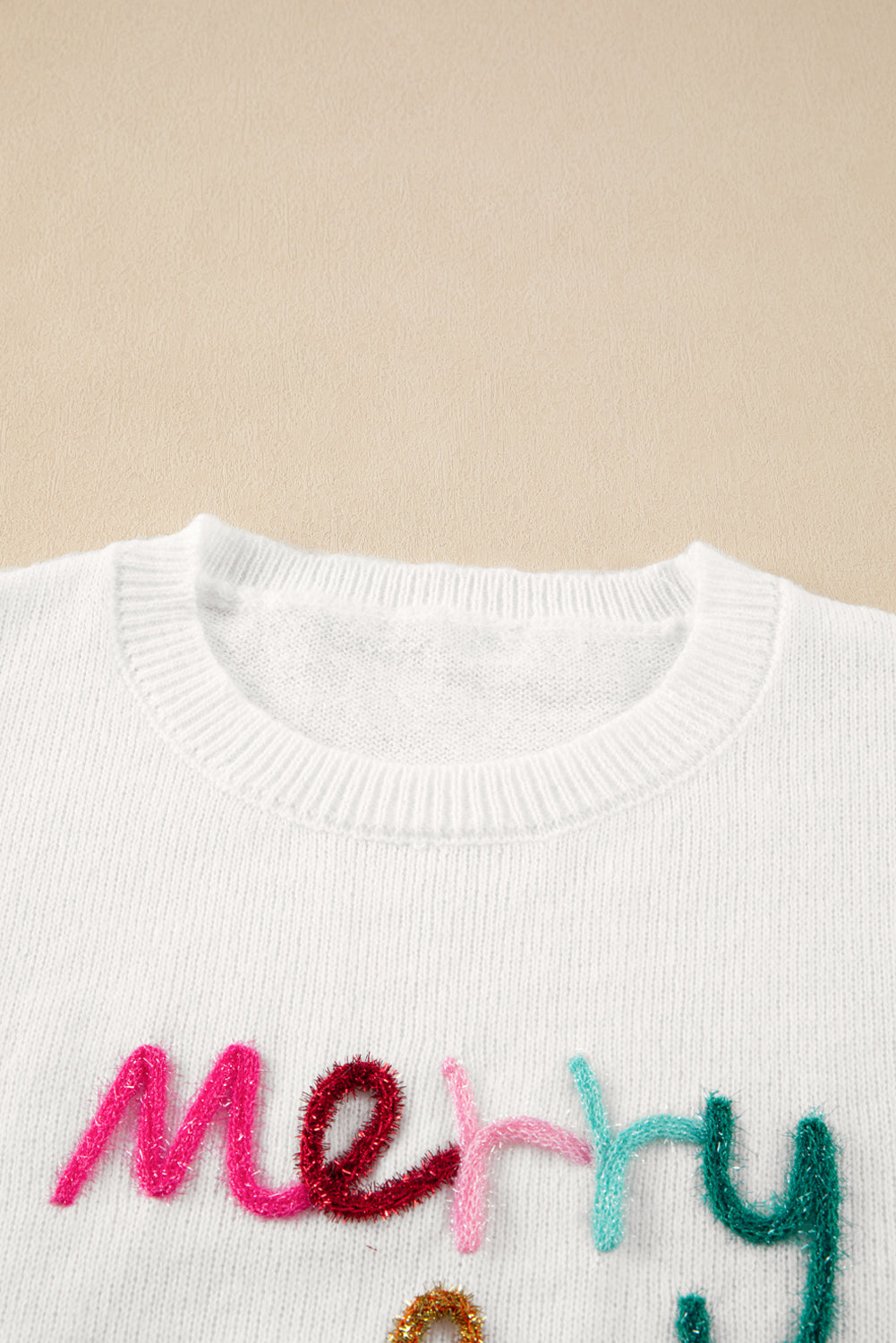 White Glitter Merry & Bright Round Neck Knit Sweater-Sweaters-[Adult]-[Female]-2022 Online Blue Zone Planet