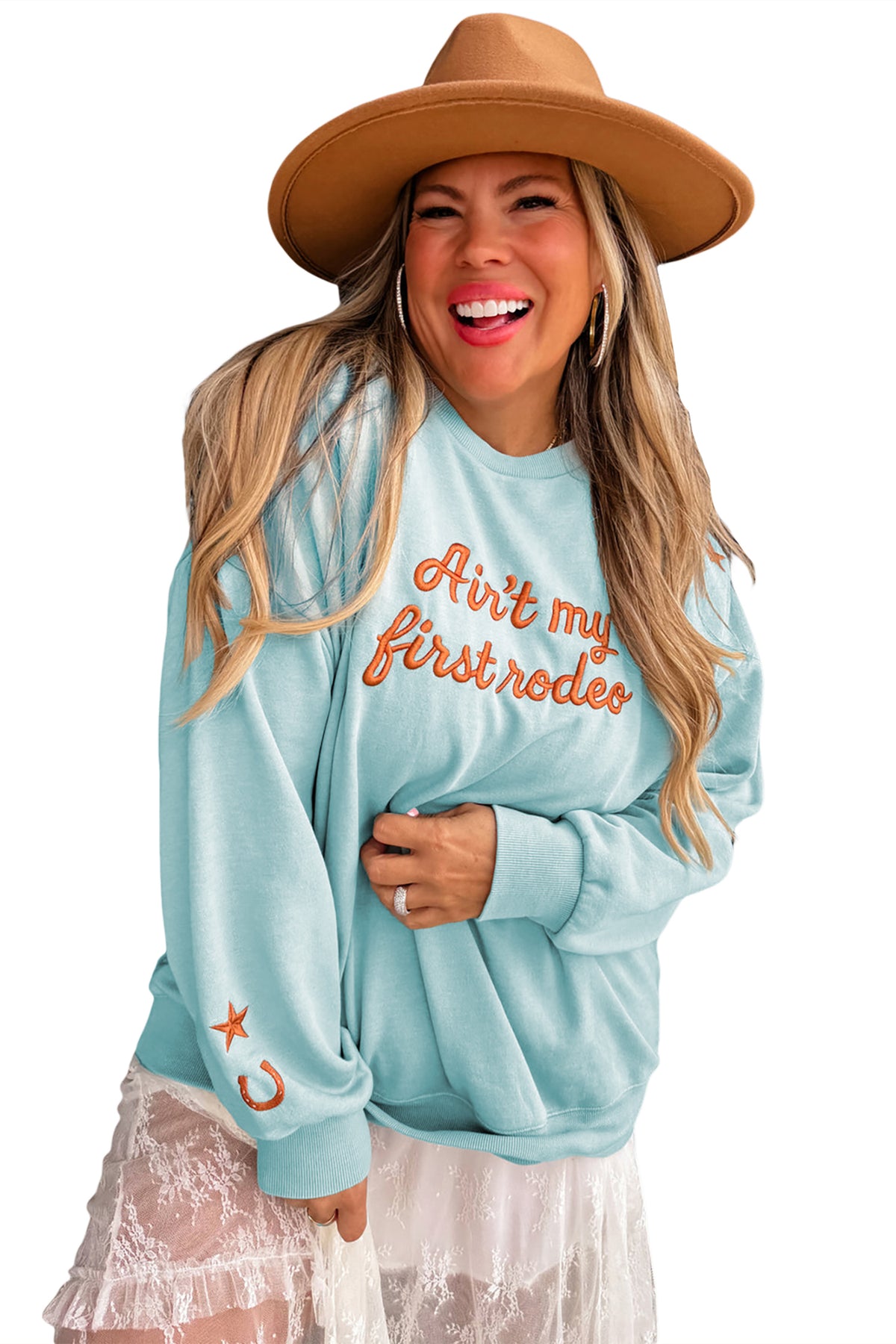 Haze Blue Letter Print Round Neck Loose Fit Long Sleeve Plus Size Sweatshirt-Plus Size/Plus Size Sweatshirts & Hoodies-[Adult]-[Female]-2022 Online Blue Zone Planet