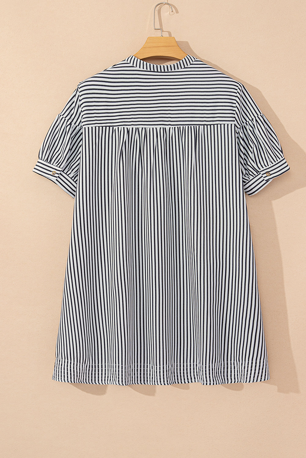 Black Stripe Buttoned V Neck Pocketed Plus Size Mini Dress-Plus Size Dresses-[Adult]-[Female]-2022 Online Blue Zone Planet