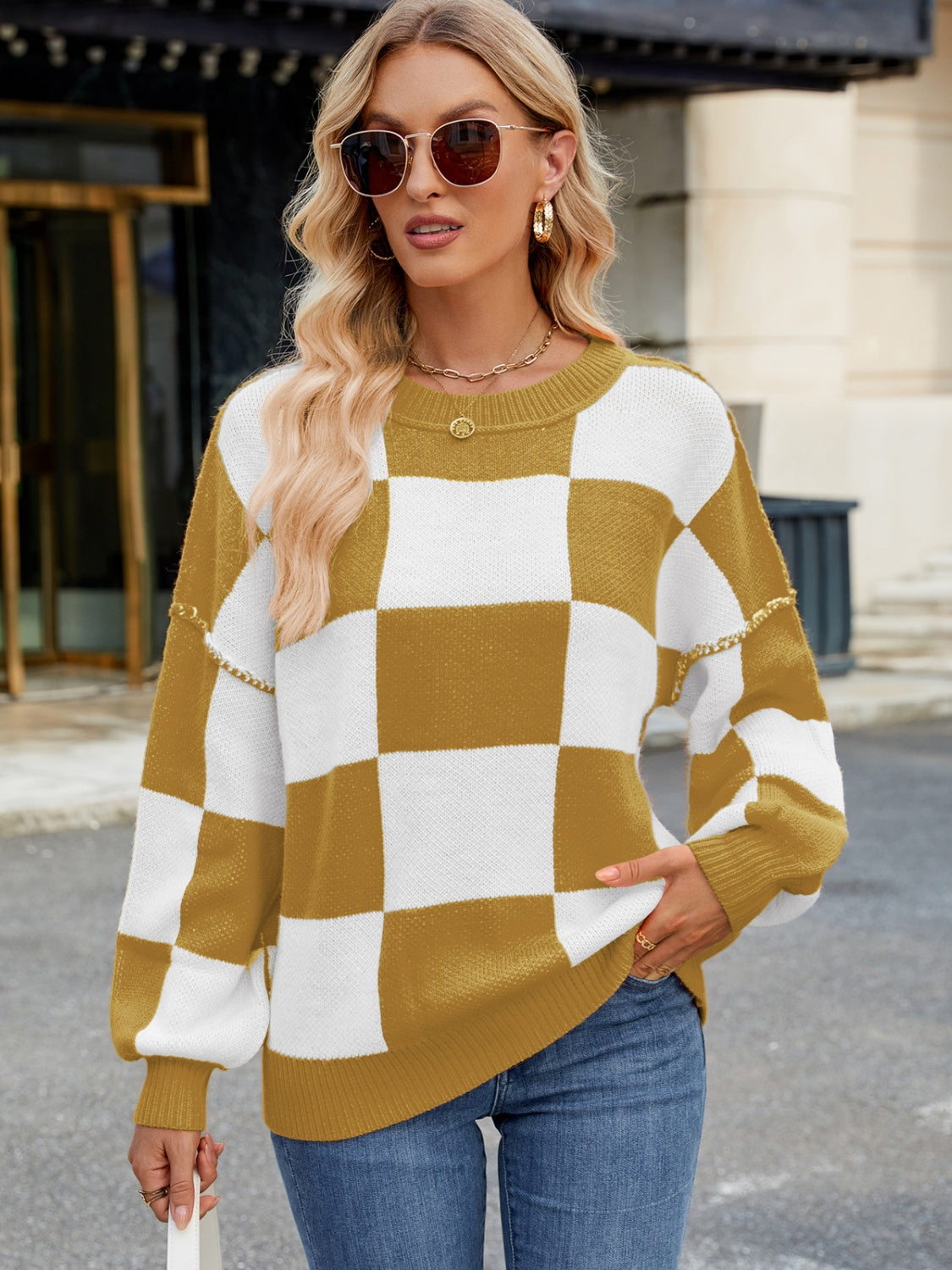 Checkered Round Neck Long Sleeve Sweater-TOPS / DRESSES-[Adult]-[Female]-2022 Online Blue Zone Planet