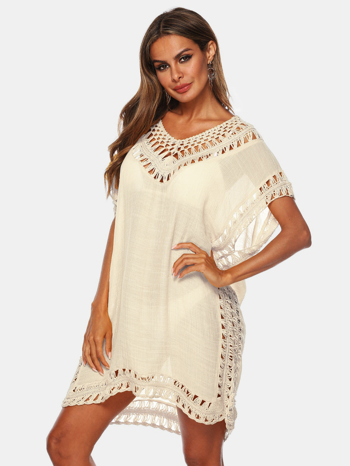 Cutout V-Neck Short Sleeve Cover-Up-TOPS / DRESSES-[Adult]-[Female]-Light Yellow-One Size-2022 Online Blue Zone Planet