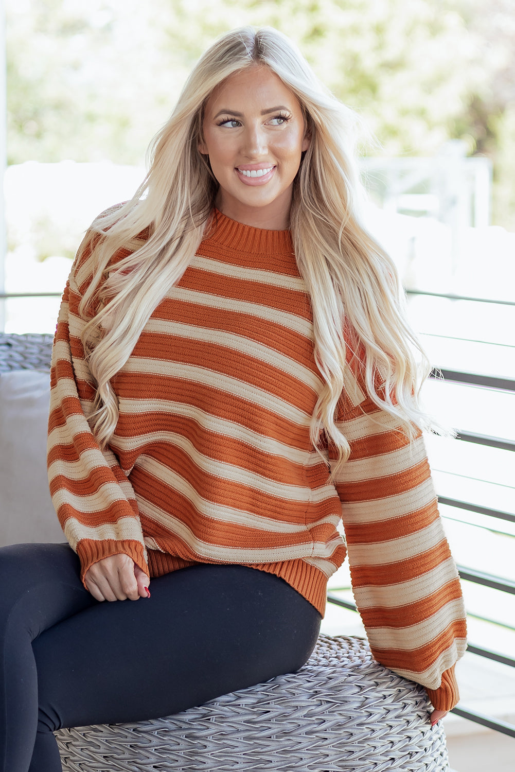 Orange Stripe Ribbed Trim Drop Shoulder Sweater-TOPS / DRESSES-[Adult]-[Female]-2022 Online Blue Zone Planet