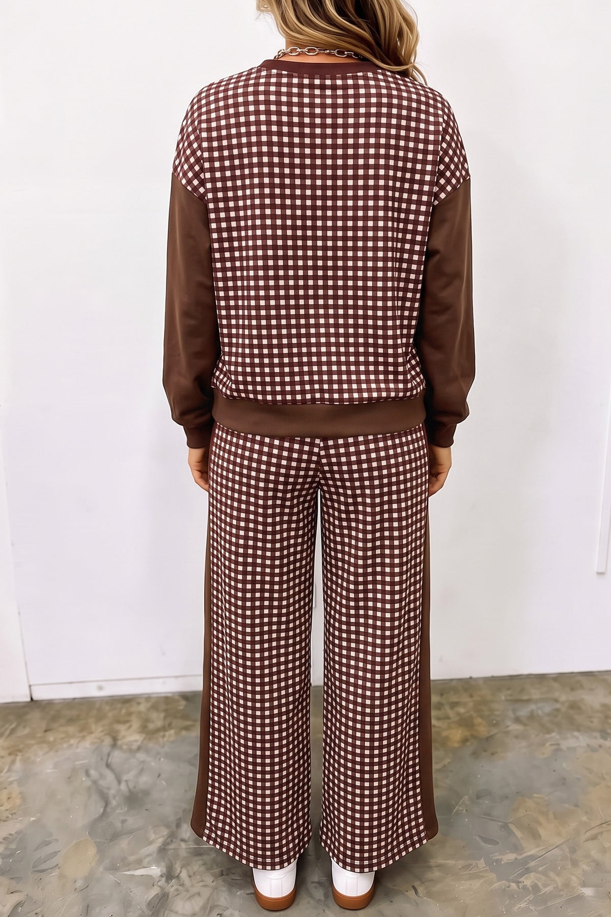 Khaki Color Block Plaid Patchwork Long Sleeve Pullover Wide Leg Pant Set-Two Piece Sets/Pant Sets-[Adult]-[Female]-2022 Online Blue Zone Planet