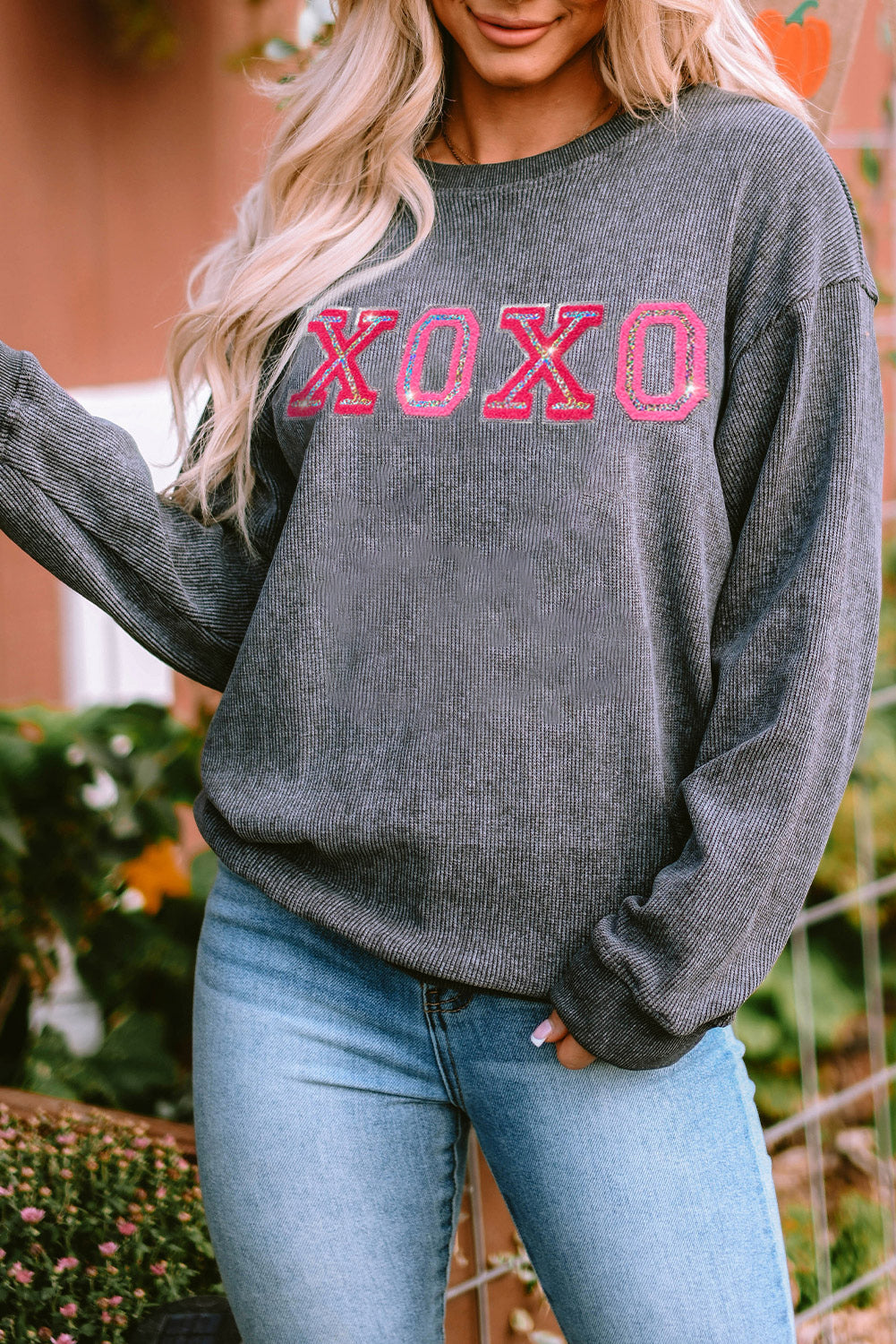 Blue Zone Planet | Gray Corded Valentine Sequin XOXO Graphic Sweatshirt-Graphic Sweatshirts-[Adult]-[Female]-2022 Online Blue Zone Planet