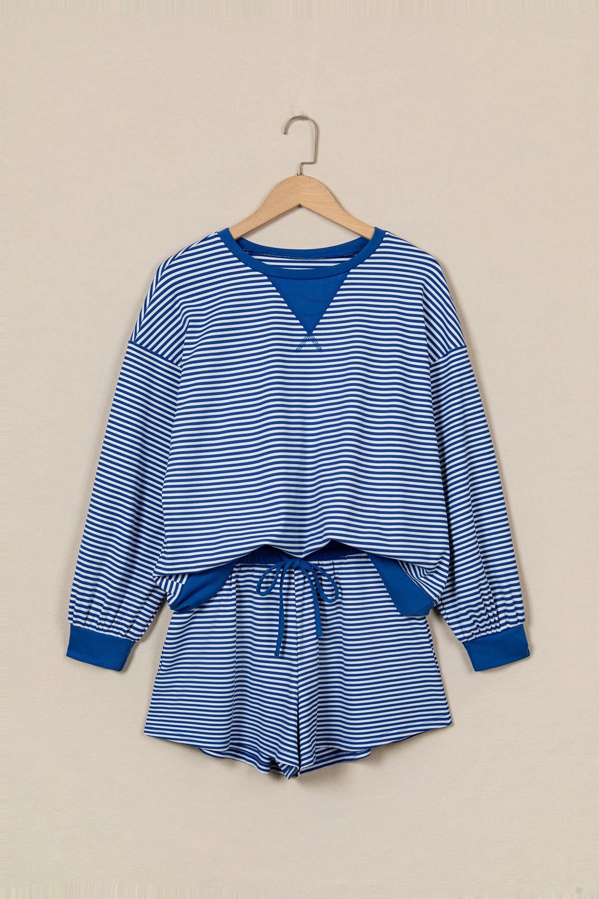 Blue Stripe Oversized Long Sleeve Top Drawstring Loose Shorts 2pcs Set-Two Piece Sets/Short Sets-[Adult]-[Female]-2022 Online Blue Zone Planet