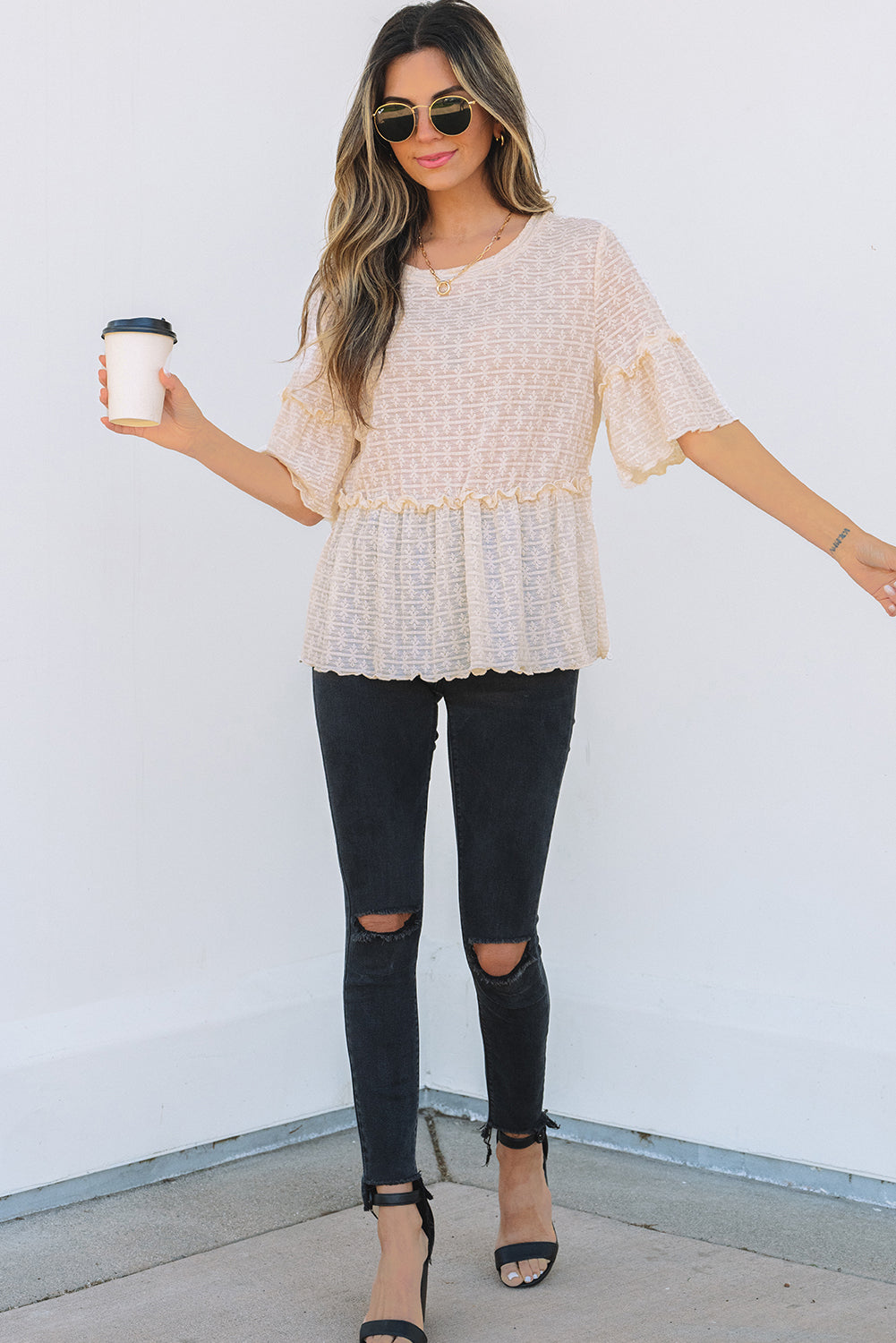 Beige Solid Color Textured Ruffled Short Sleeve Blouse-Tops/Blouses & Shirts-[Adult]-[Female]-2022 Online Blue Zone Planet