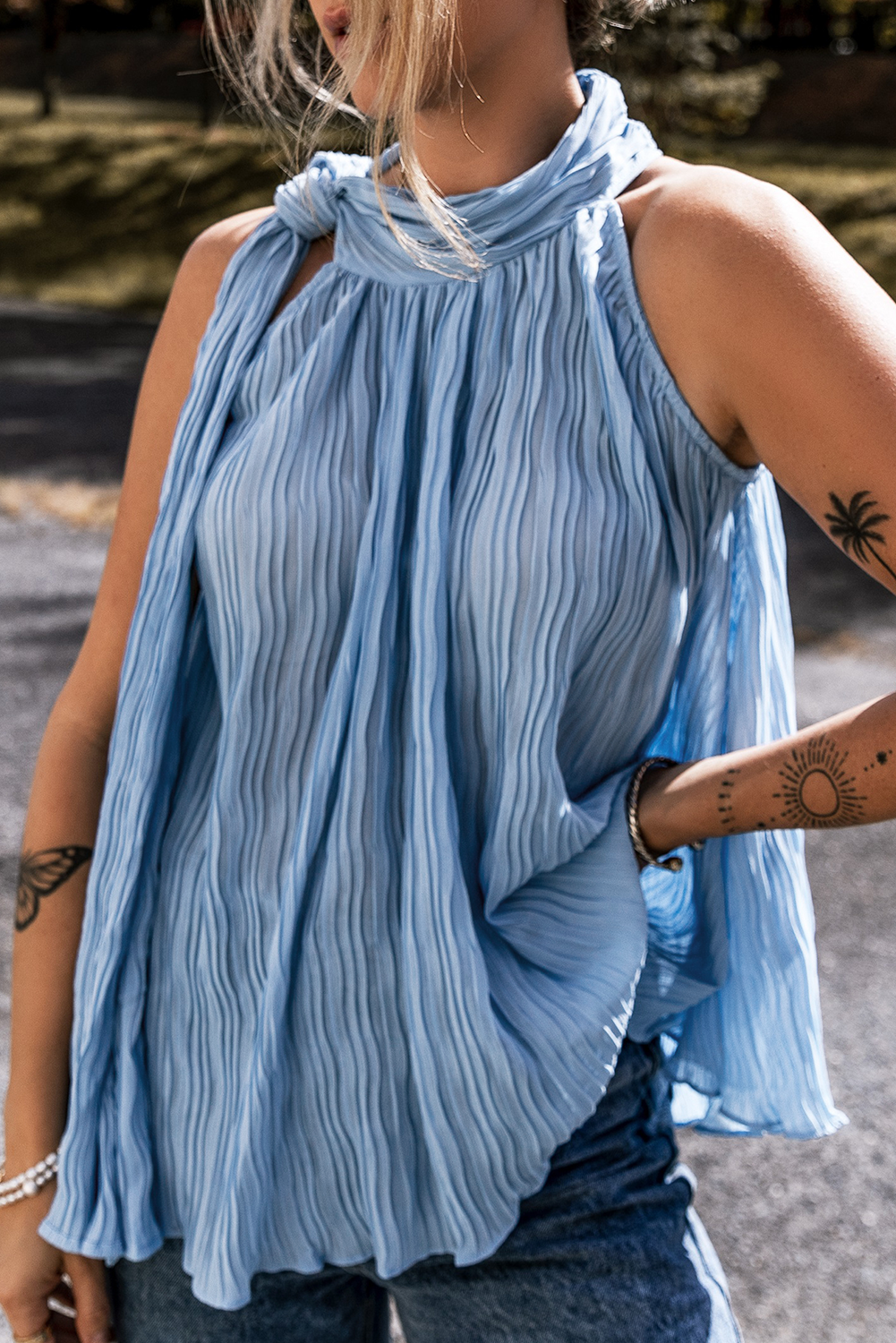 Myosotis Textured Pleated Tied Mock Neck Flowy Tank Top-Tops/Tank Tops-[Adult]-[Female]-2022 Online Blue Zone Planet