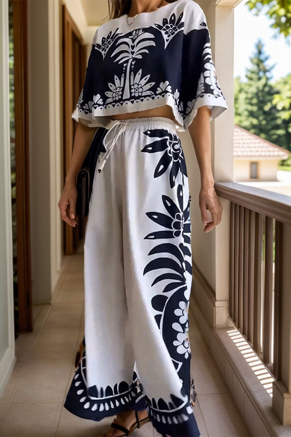 Printed Half Sleeve Top and Wide Leg Pants Set-TOPS / DRESSES-[Adult]-[Female]-2022 Online Blue Zone Planet