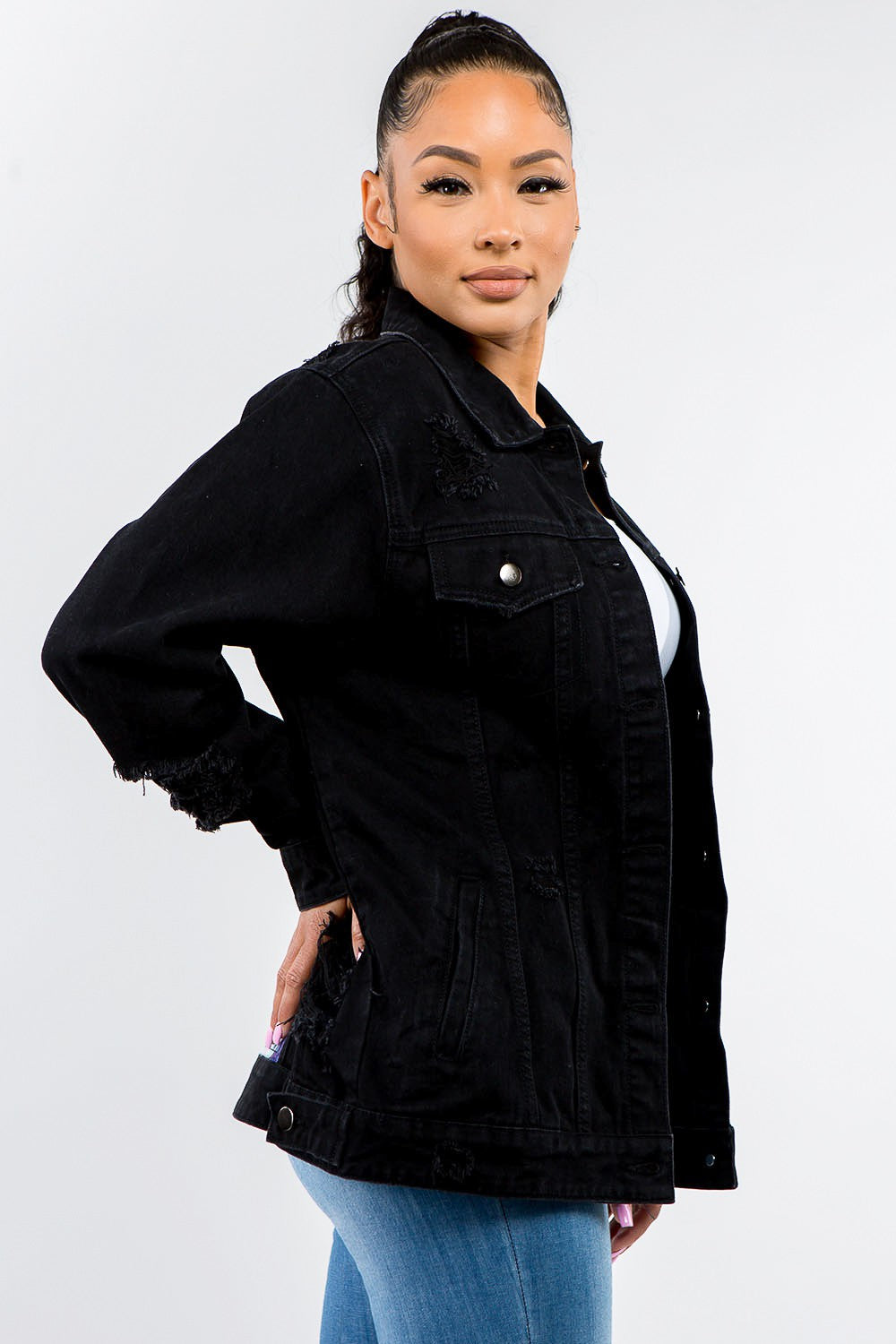 American Bazi Full Size Button Up Distressed Denim Jacket-TOPS / DRESSES-[Adult]-[Female]-2022 Online Blue Zone Planet