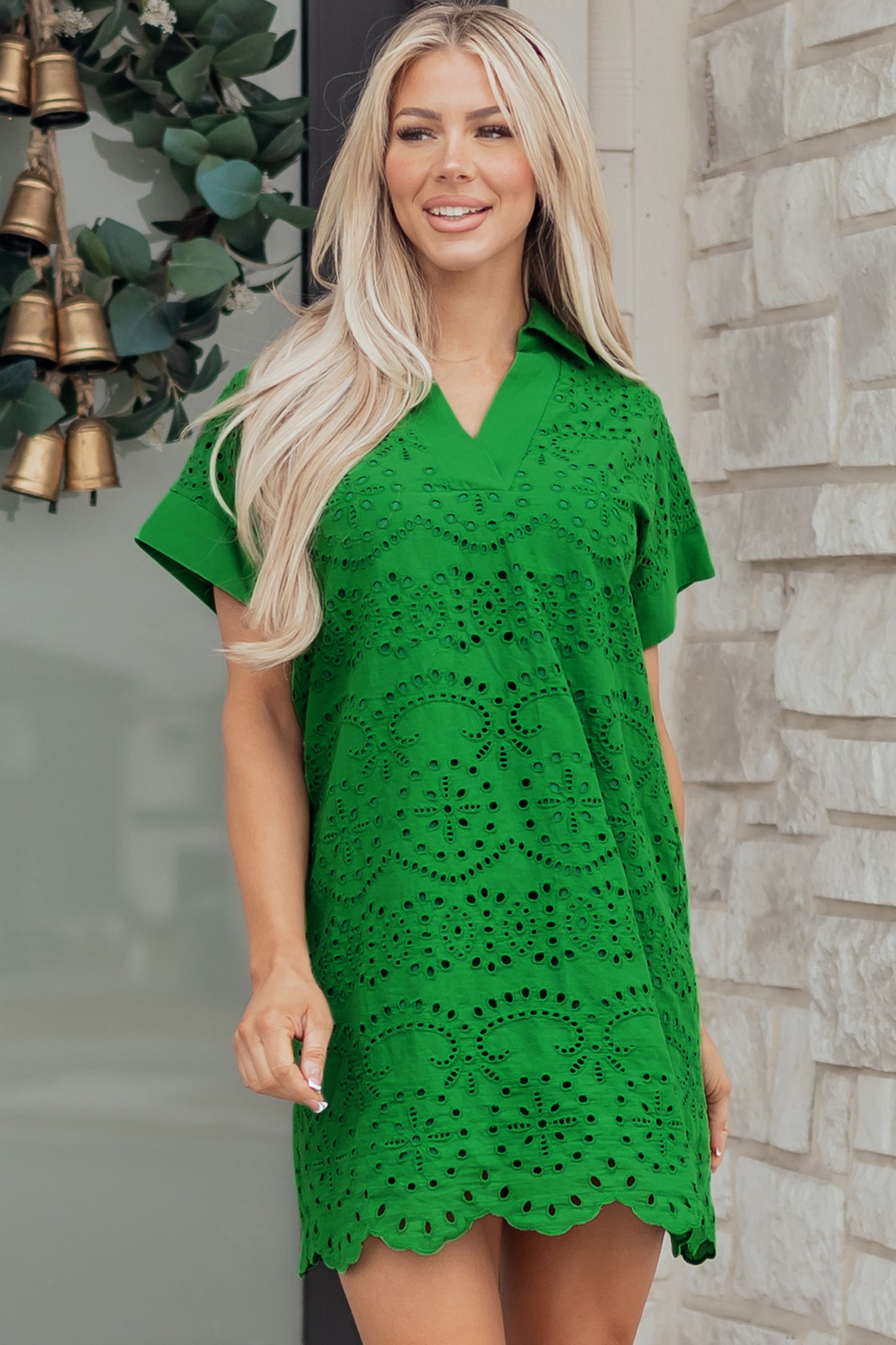 Green Solid Color Eyelet Embroidered T Shirt Mini Dress-TOPS / DRESSES-[Adult]-[Female]-2022 Online Blue Zone Planet
