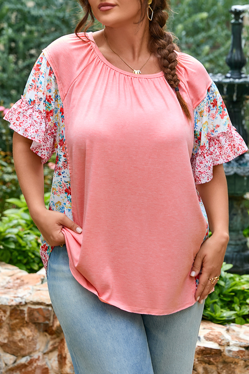 Pink Plus Size Floral Patchwork Ruffled Short Sleeve Blouse-Plus Size/Plus Size Tops/Plus Size Blouses & Shirts-[Adult]-[Female]-2022 Online Blue Zone Planet