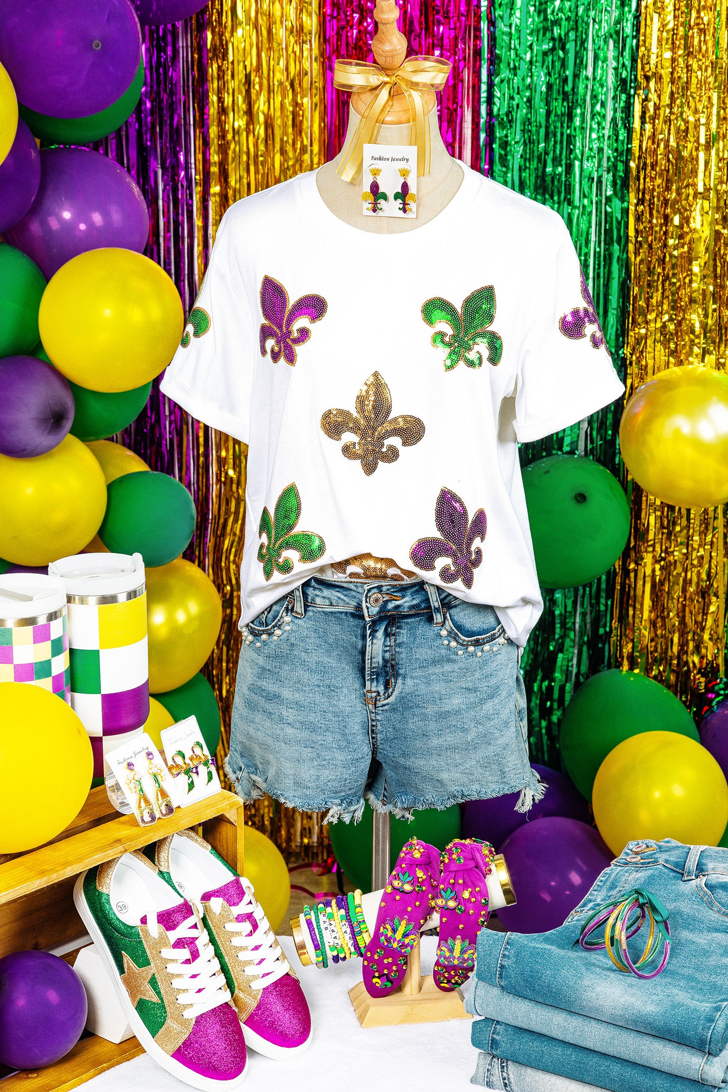 White Mardi Gras Fleur De Lis Sequin Graphic T Shirt-Graphic Tees-[Adult]-[Female]-2022 Online Blue Zone Planet