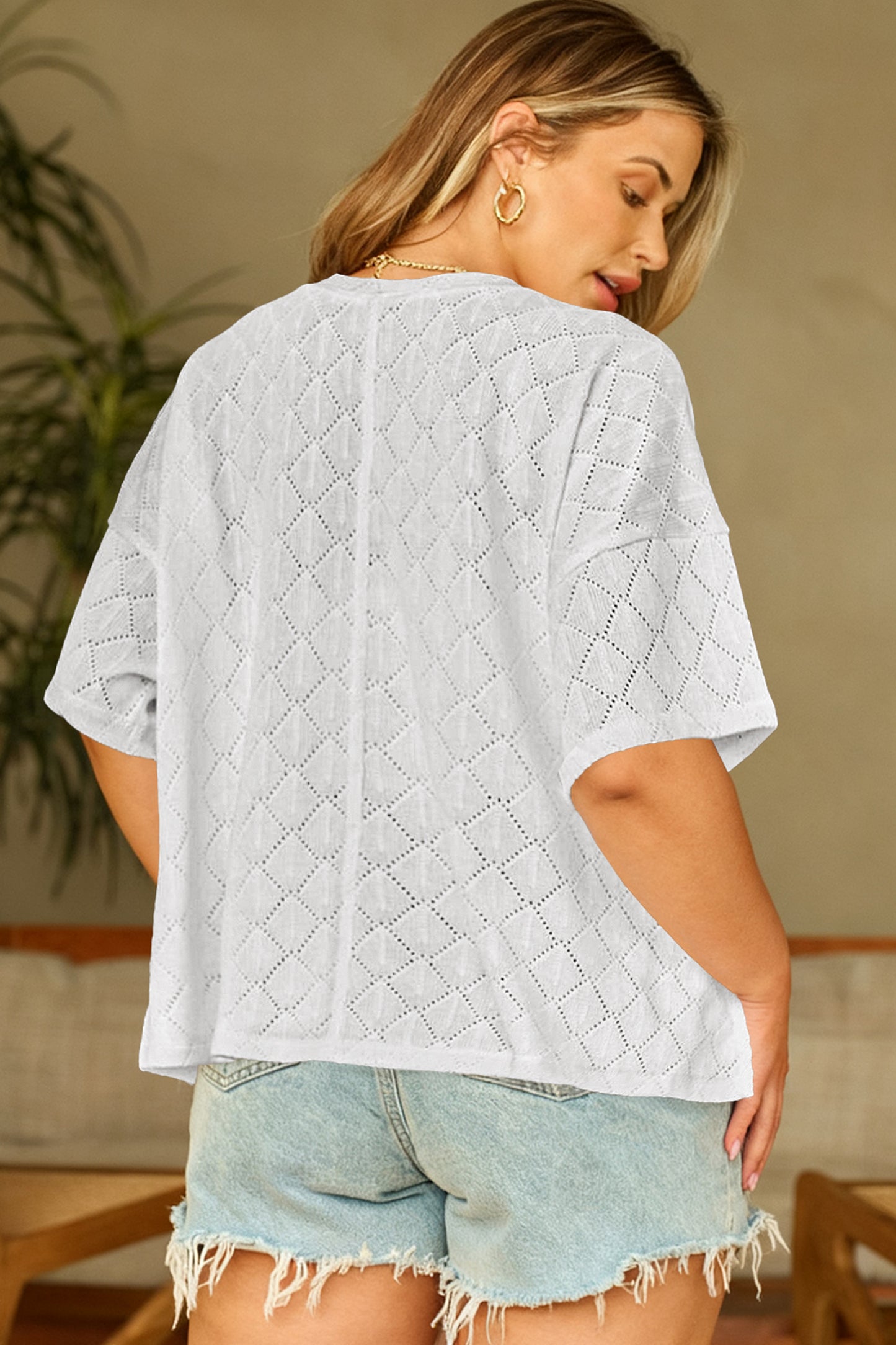 White Pointelle Rhombus Knit Plus Size V Neck Loose Top-Plus Size/Plus Size Tops/Plus Size Tops & Tees-[Adult]-[Female]-2022 Online Blue Zone Planet