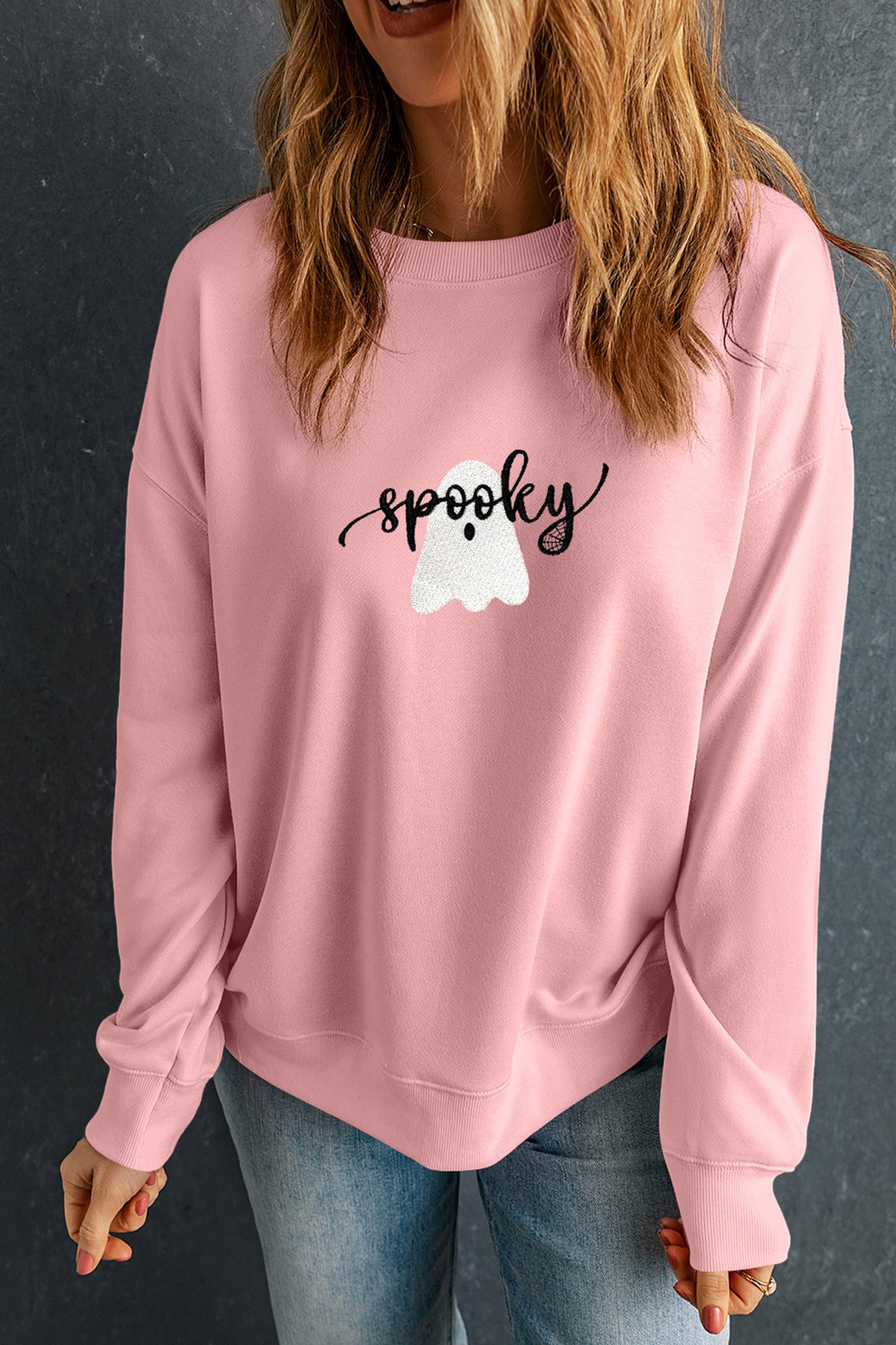 Pink Embroidered Ghost Halloween Graphic Sweatshirt-Graphic/Graphic Sweatshirts-[Adult]-[Female]-2022 Online Blue Zone Planet
