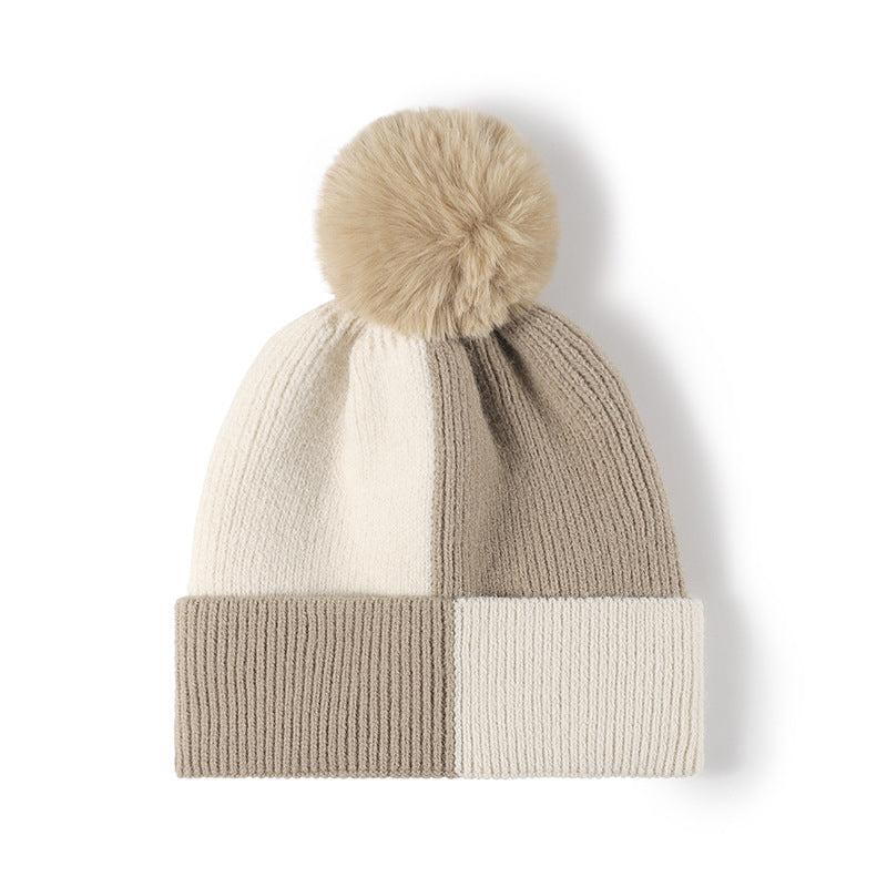 Color Block Knit Hat with Pom-pom-HATS-[Adult]-[Female]-Khaki-One Size-2022 Online Blue Zone Planet