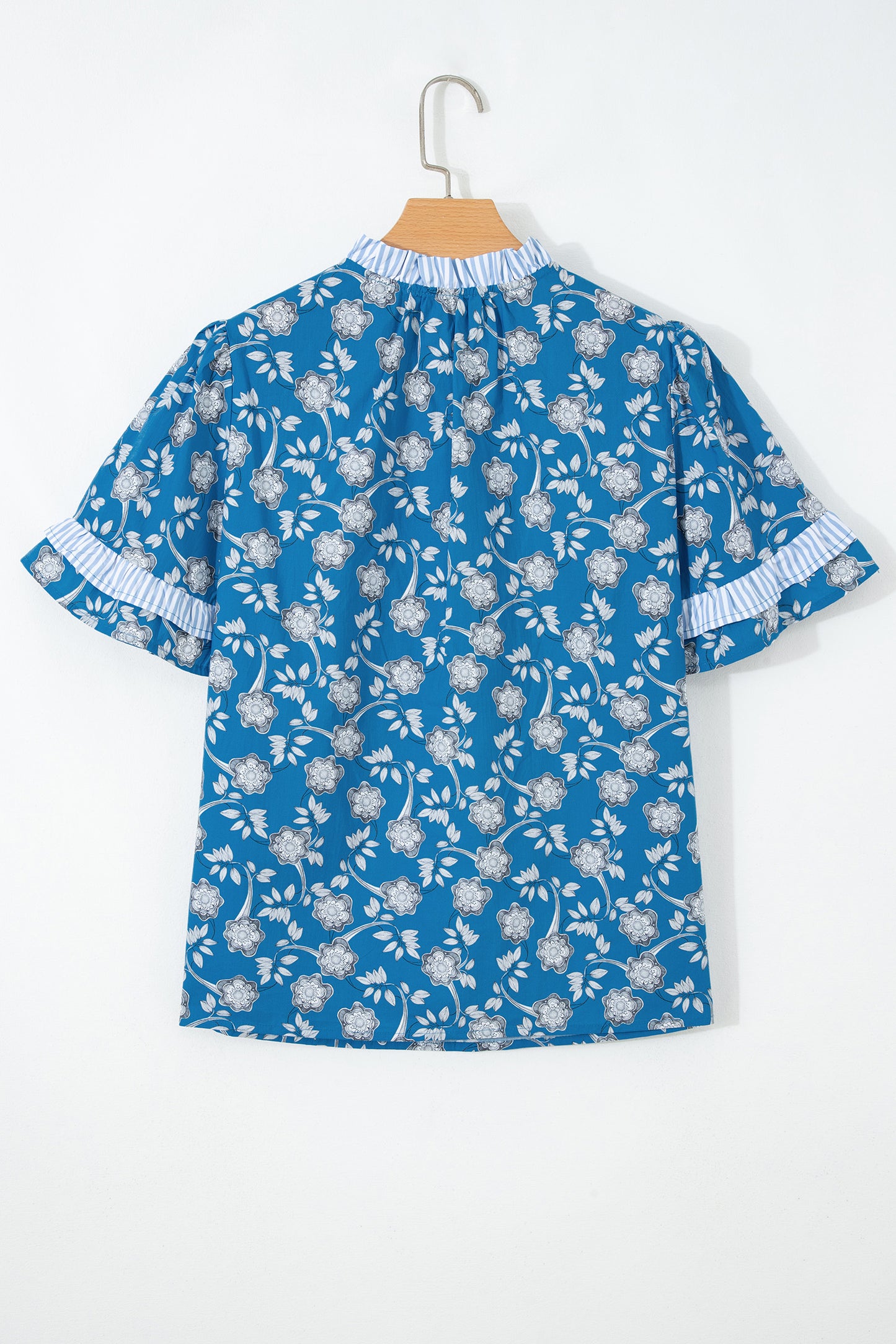 Blue Floral Print Button Tie Neck Striped Detail Short Sleeve Blouse-Tops/Blouses & Shirts-[Adult]-[Female]-2022 Online Blue Zone Planet